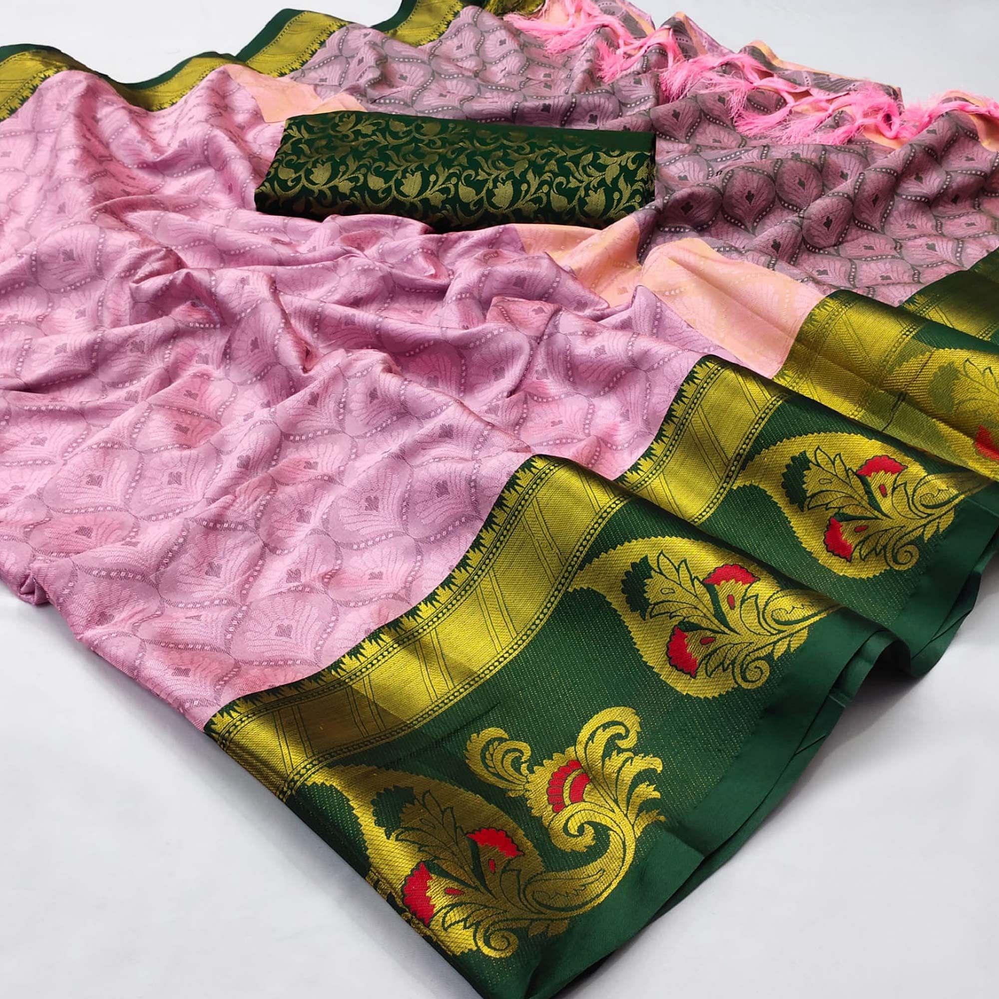 Pink Woven Cotton Silk Saree With Tassels - Peachmode
