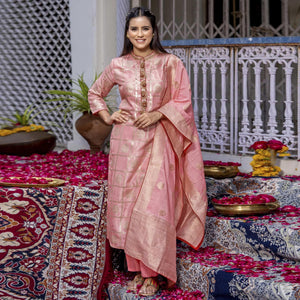 Pink Woven Dola Silk Kurti Pant Set With Dupatta - Peachmode