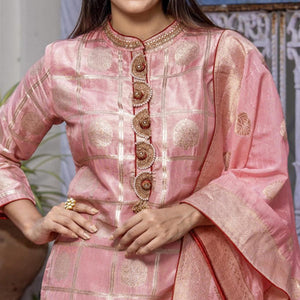 Pink Woven Dola Silk Kurti Pant Set With Dupatta - Peachmode