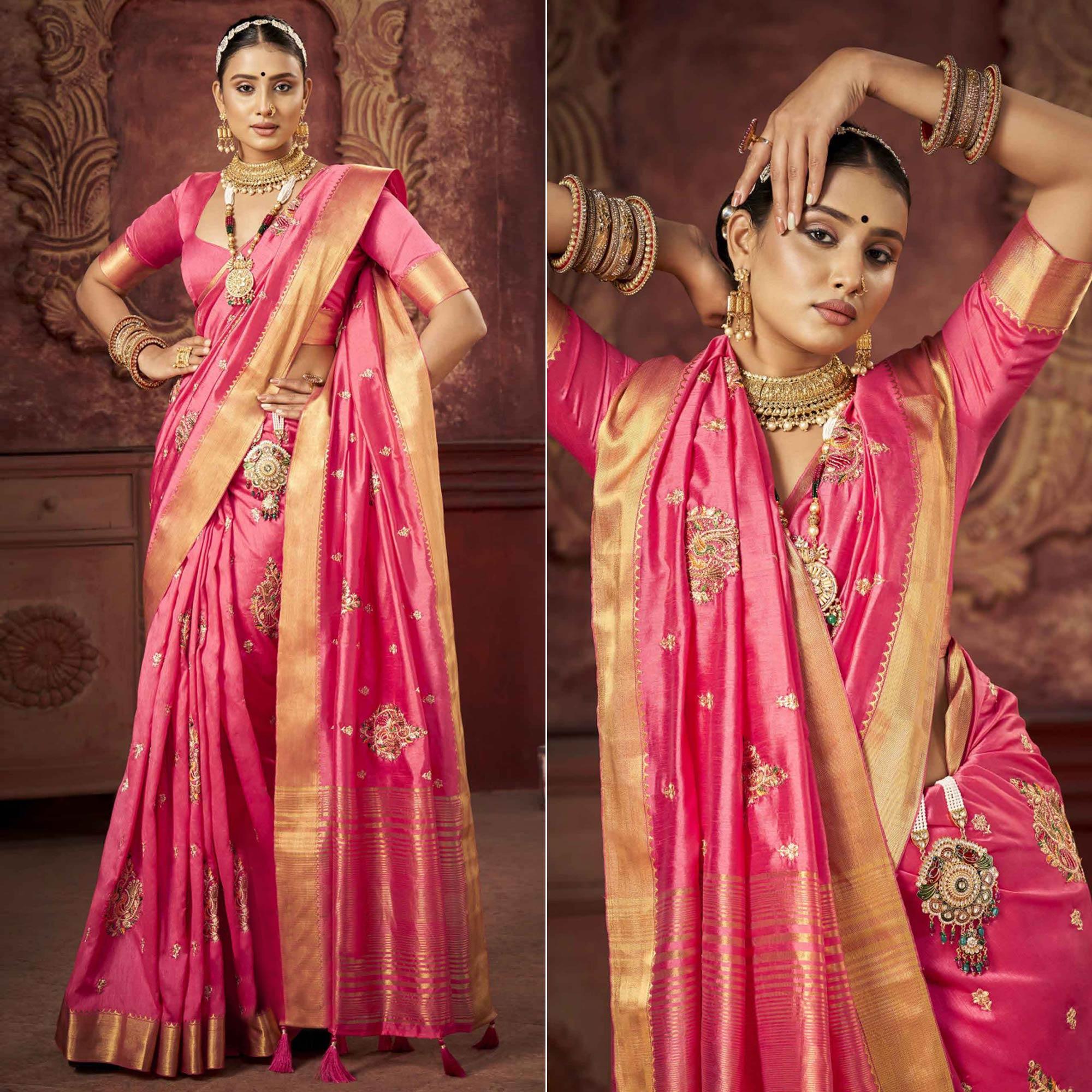 Pink Woven-Embroidered Raw Silk Saree With Tassels - Peachmode