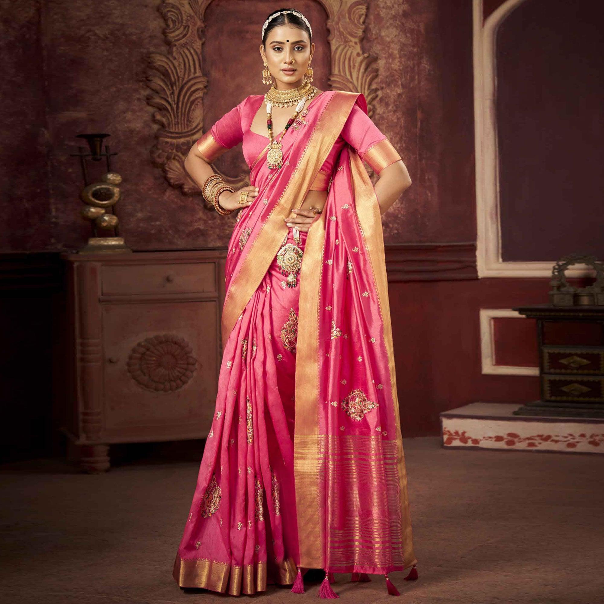 Pink Woven-Embroidered Raw Silk Saree With Tassels - Peachmode