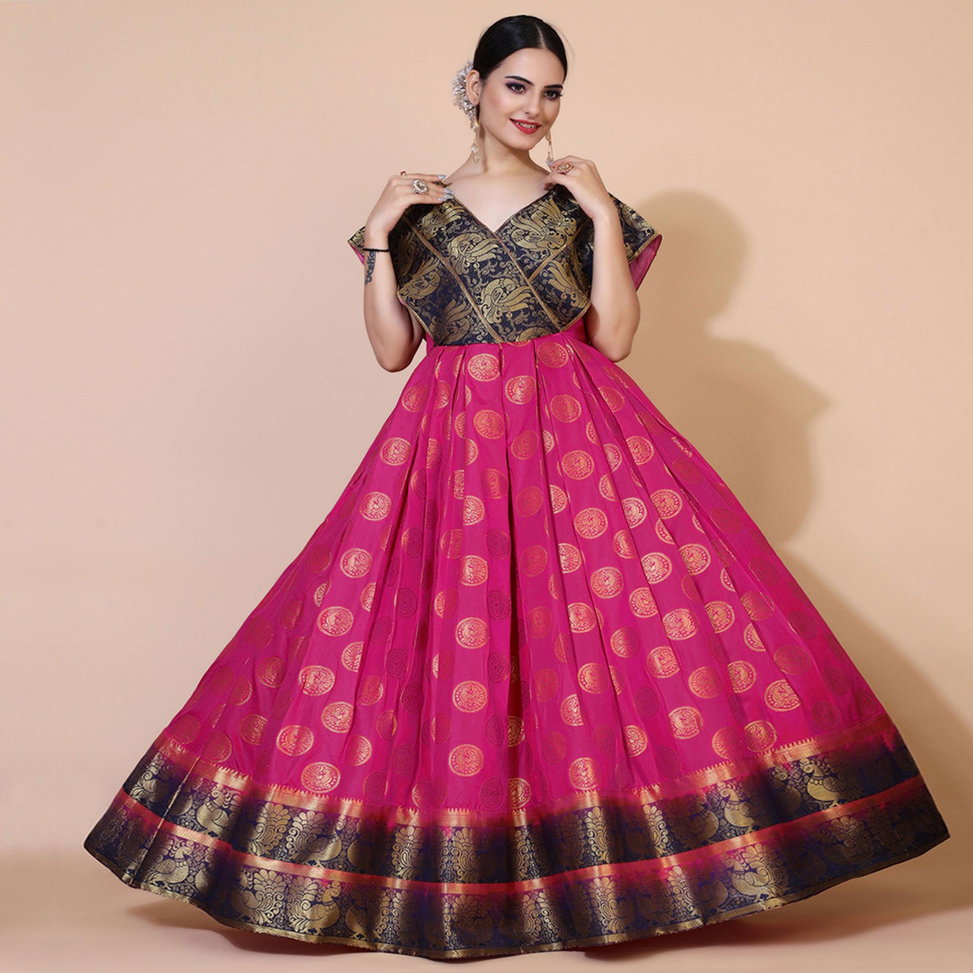 Pink Woven Jacquard Anarkali Style Gown - Peachmode