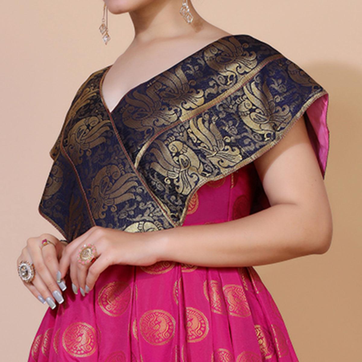 Pink Woven Jacquard Anarkali Style Gown - Peachmode