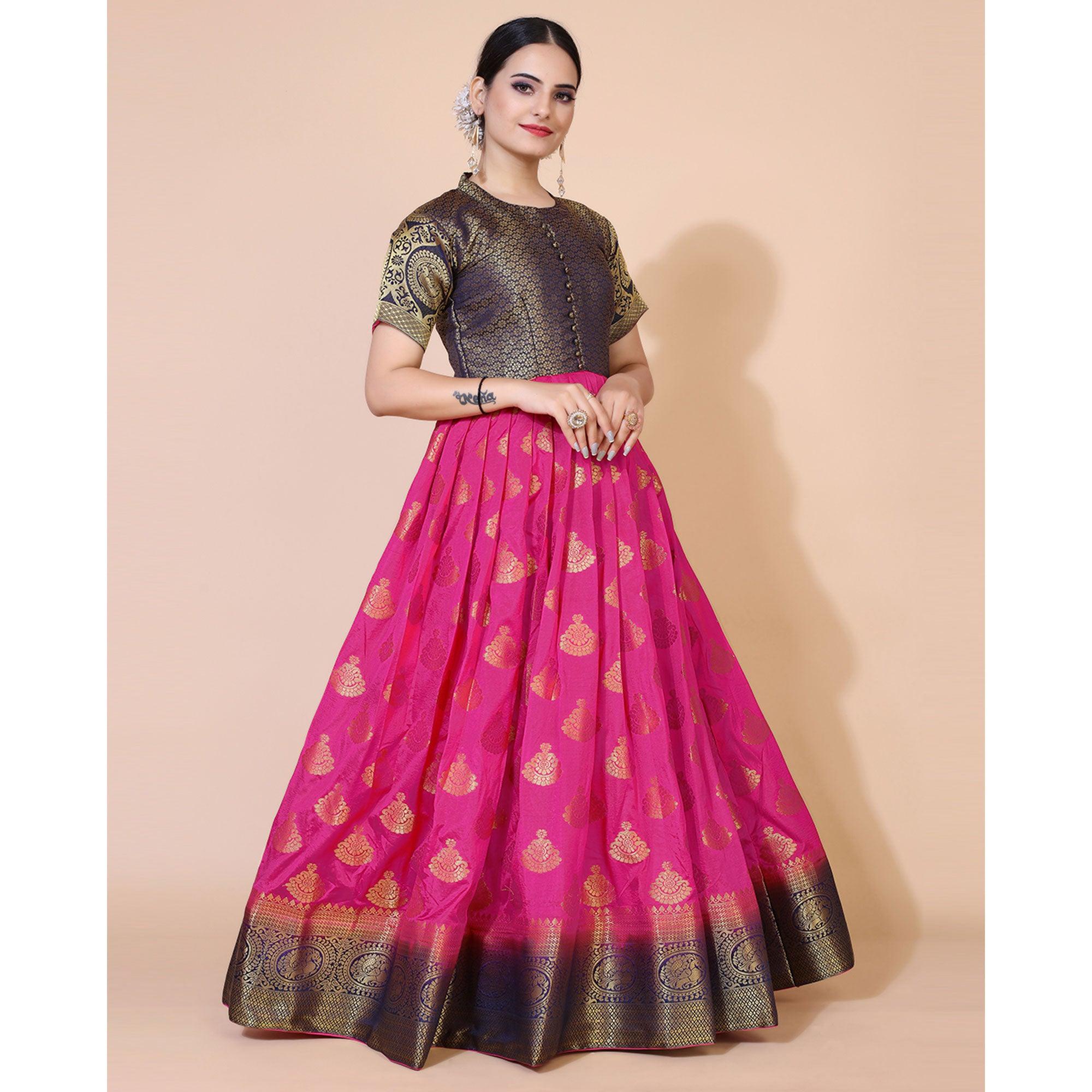 Pink Woven Jacquard Anarkali Style Gown - Peachmode