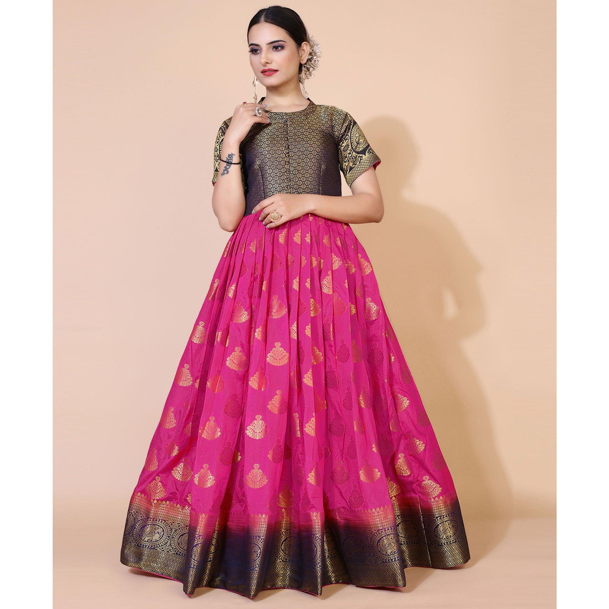 Pink Woven Jacquard Anarkali Style Gown - Peachmode