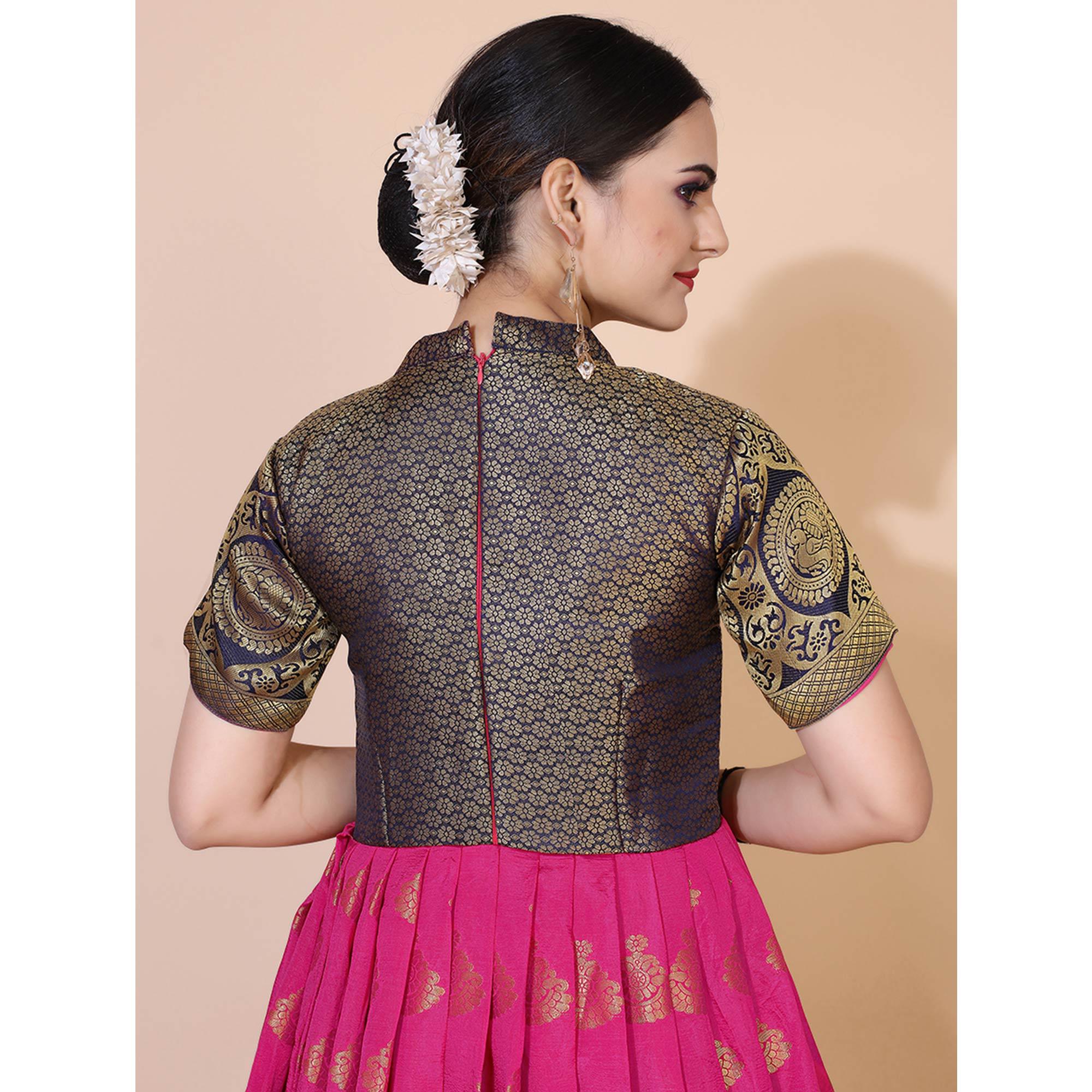 Pink Woven Jacquard Anarkali Style Gown - Peachmode