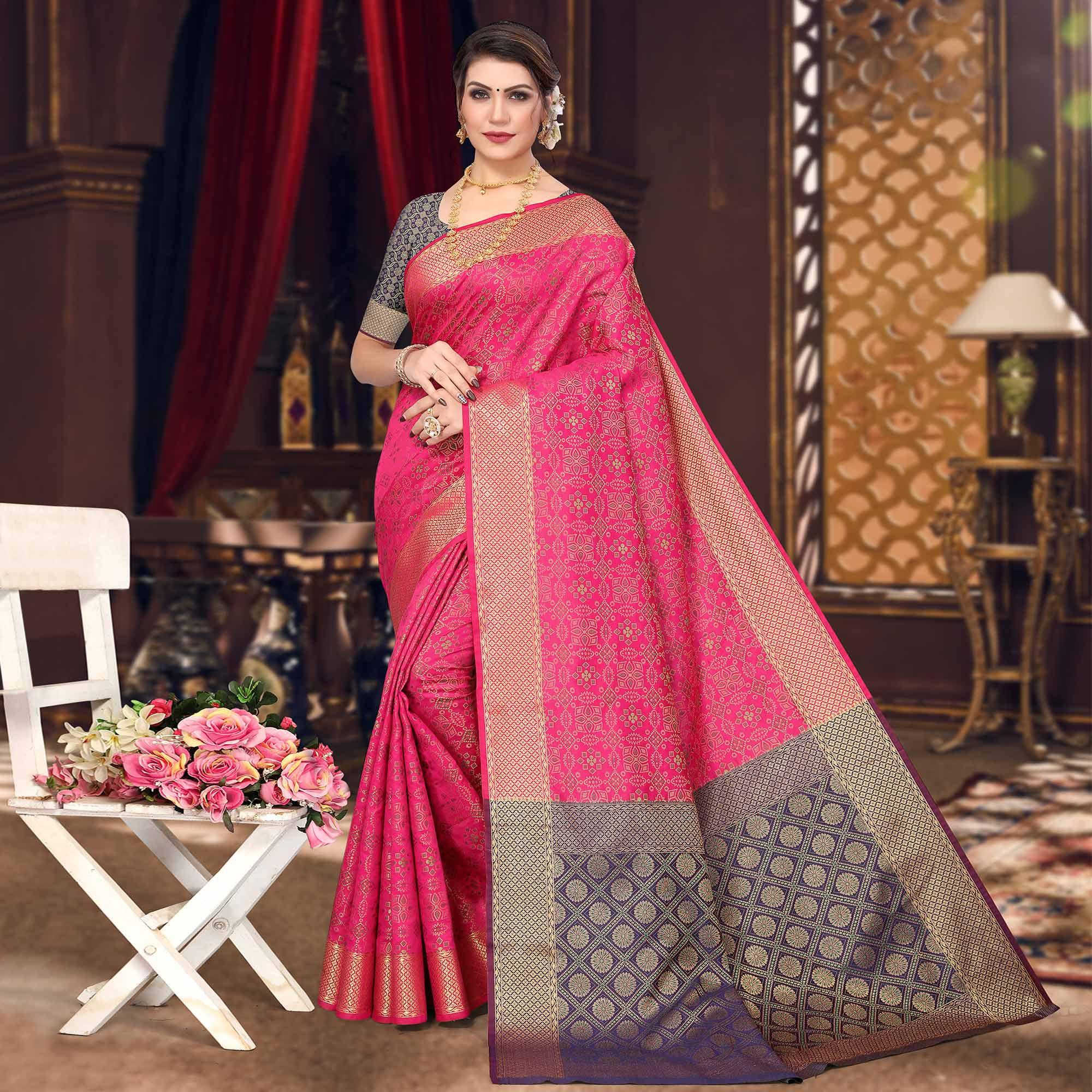 Pink Woven Jacquard Saree - Peachmode