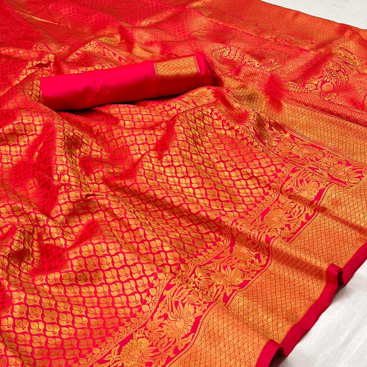 Pink Woven Jacquard Saree - Peachmode