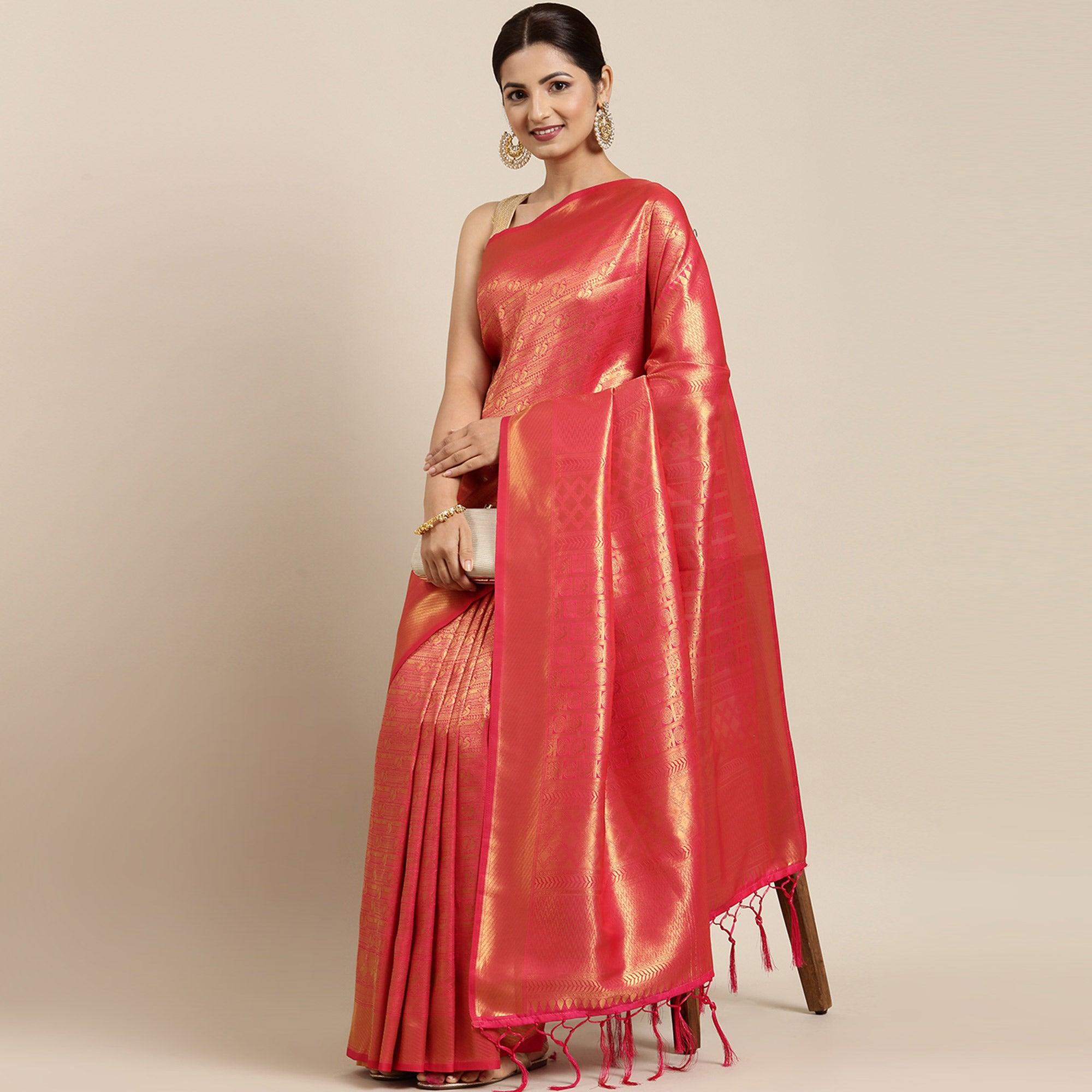 Pink Woven Kanjivaram Silk Saree With Tassels - Peachmode