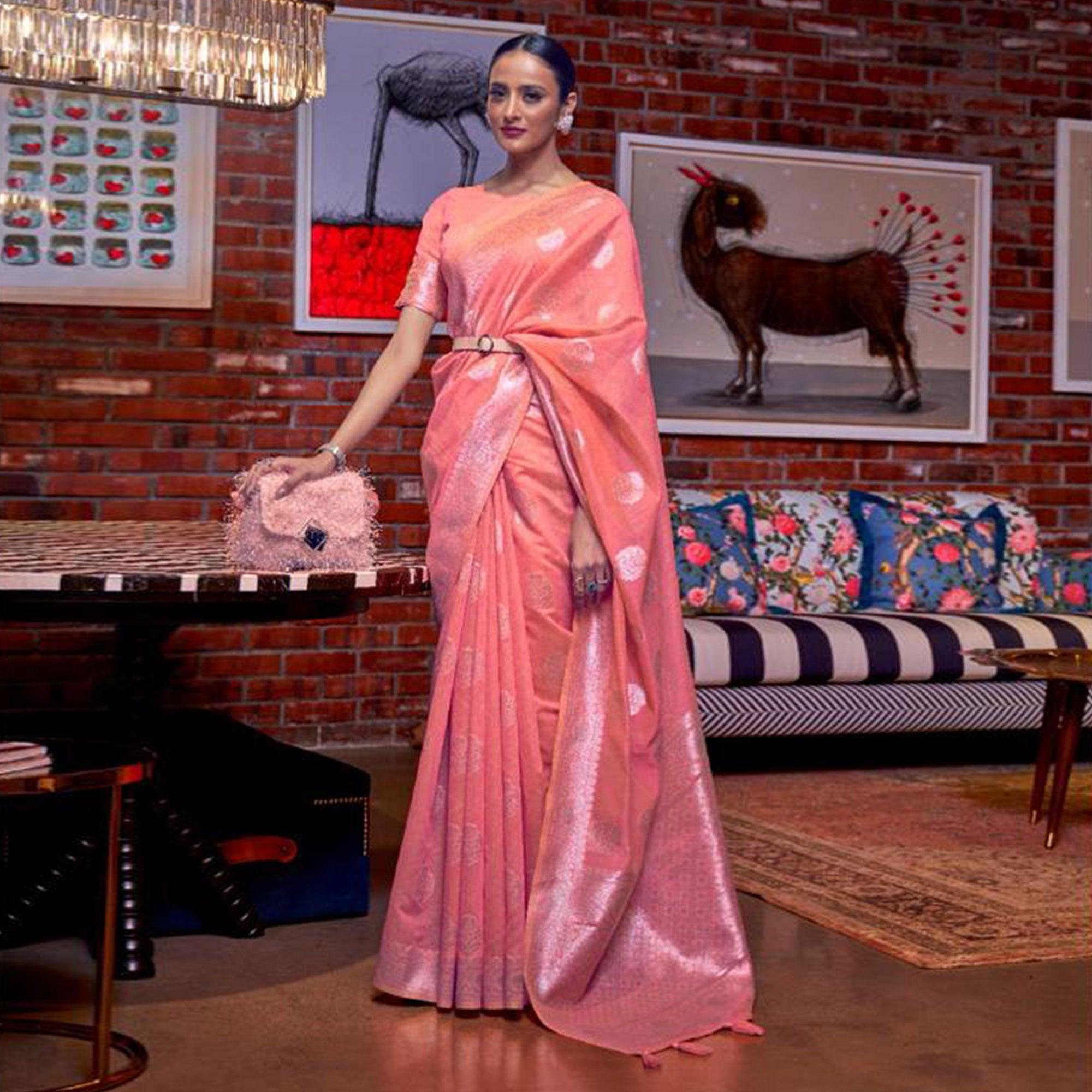 Pink Woven Linen Saree With Tassels - Peachmode