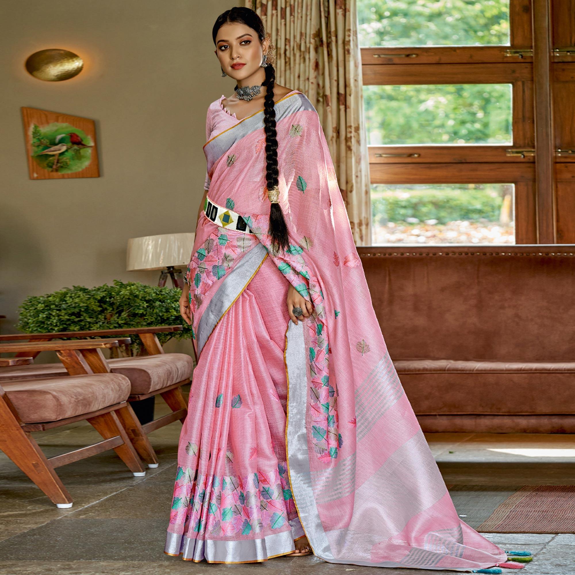Pink Woven Linen Saree With Tassels - Peachmode