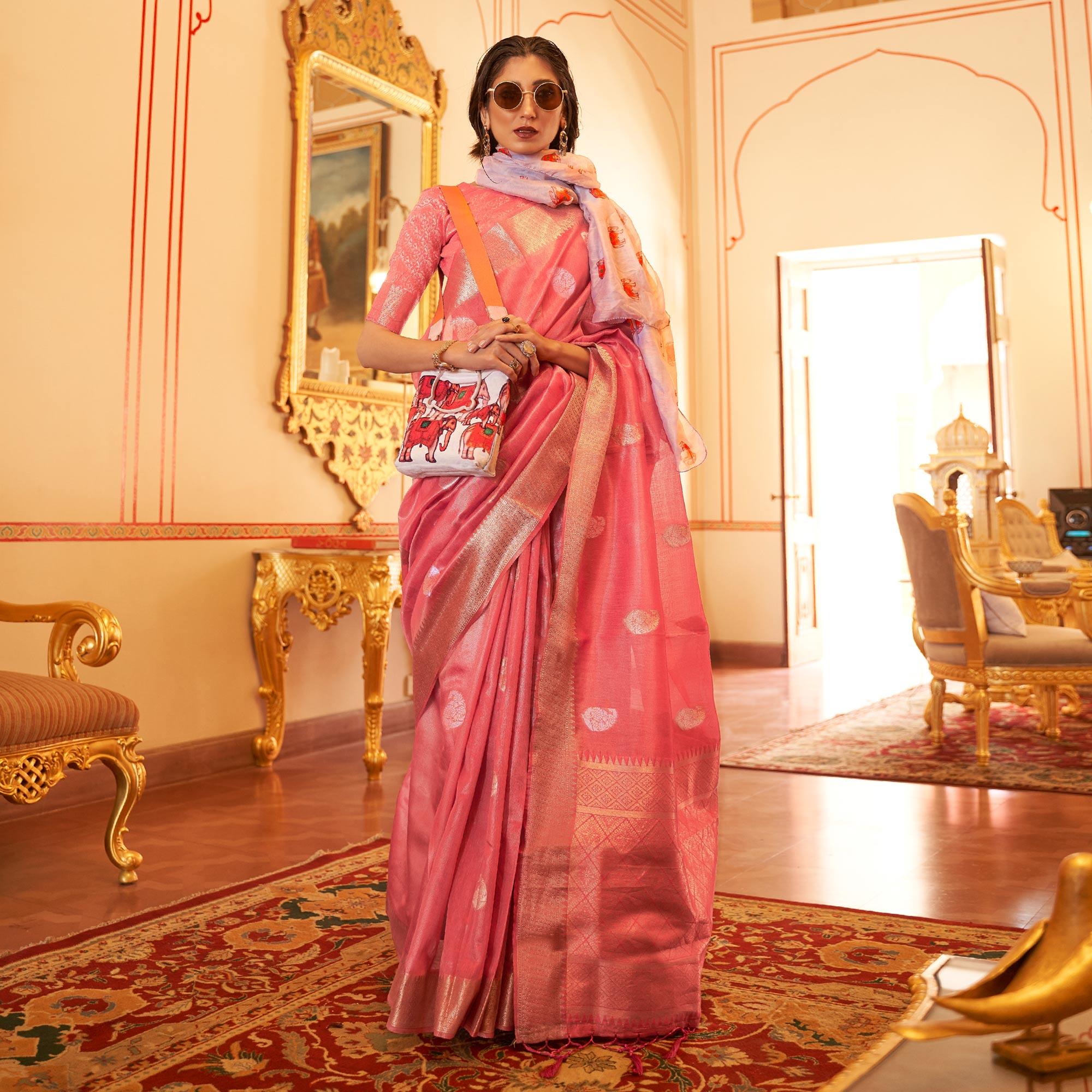 Pink Woven Linen Saree With Tassels - Peachmode