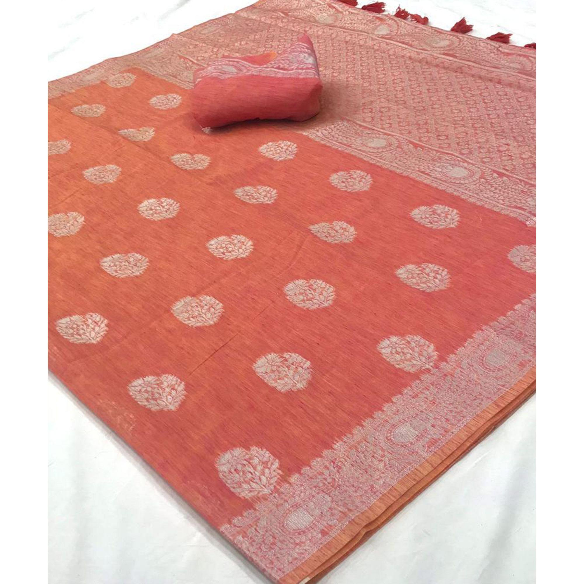 Pink Woven Linen Saree With Tassels - Peachmode