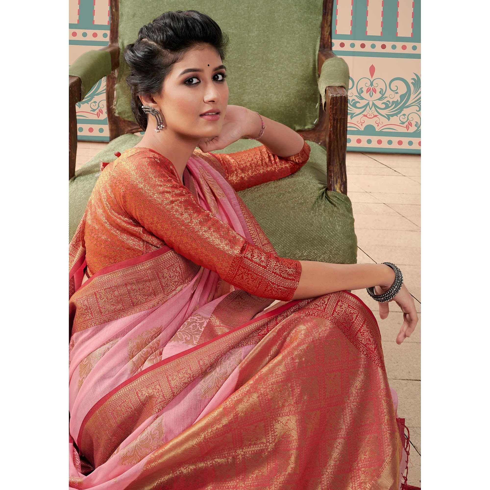 Pink Woven Linen Saree With Tassels - Peachmode