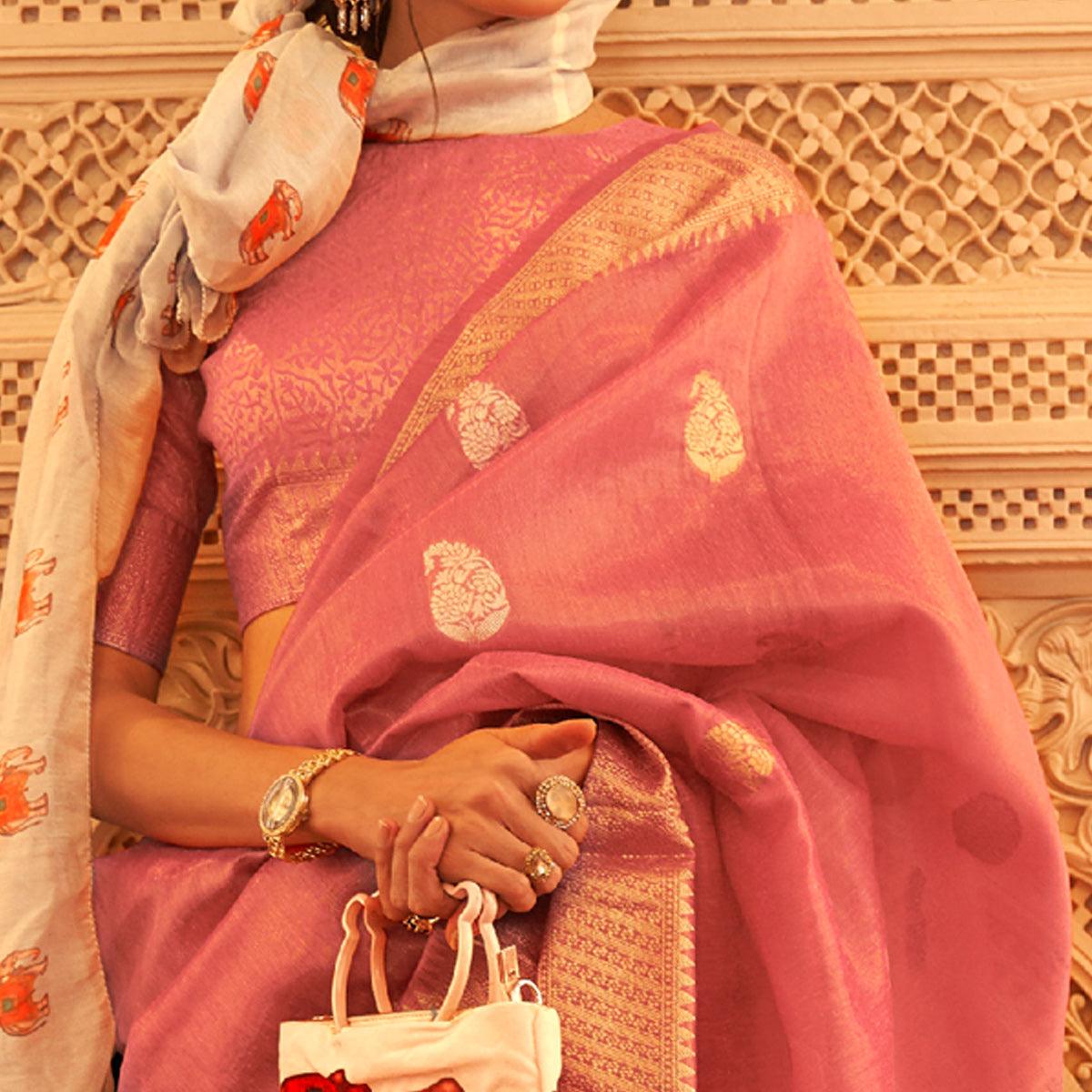 Pink Woven Linen Saree With Tassels - Peachmode