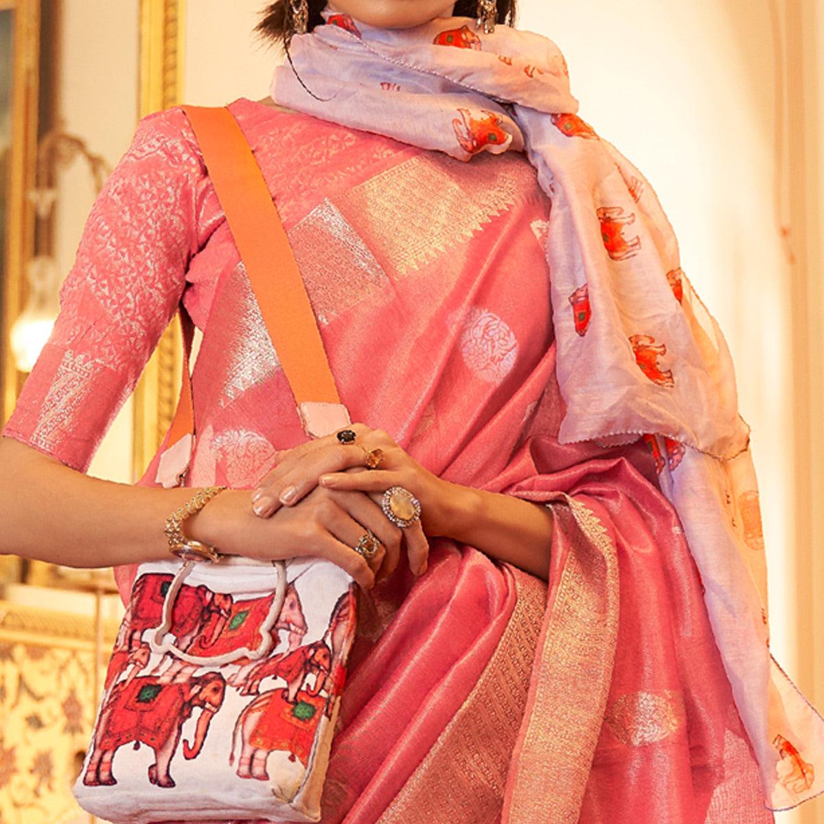 Pink Woven Linen Saree With Tassels - Peachmode