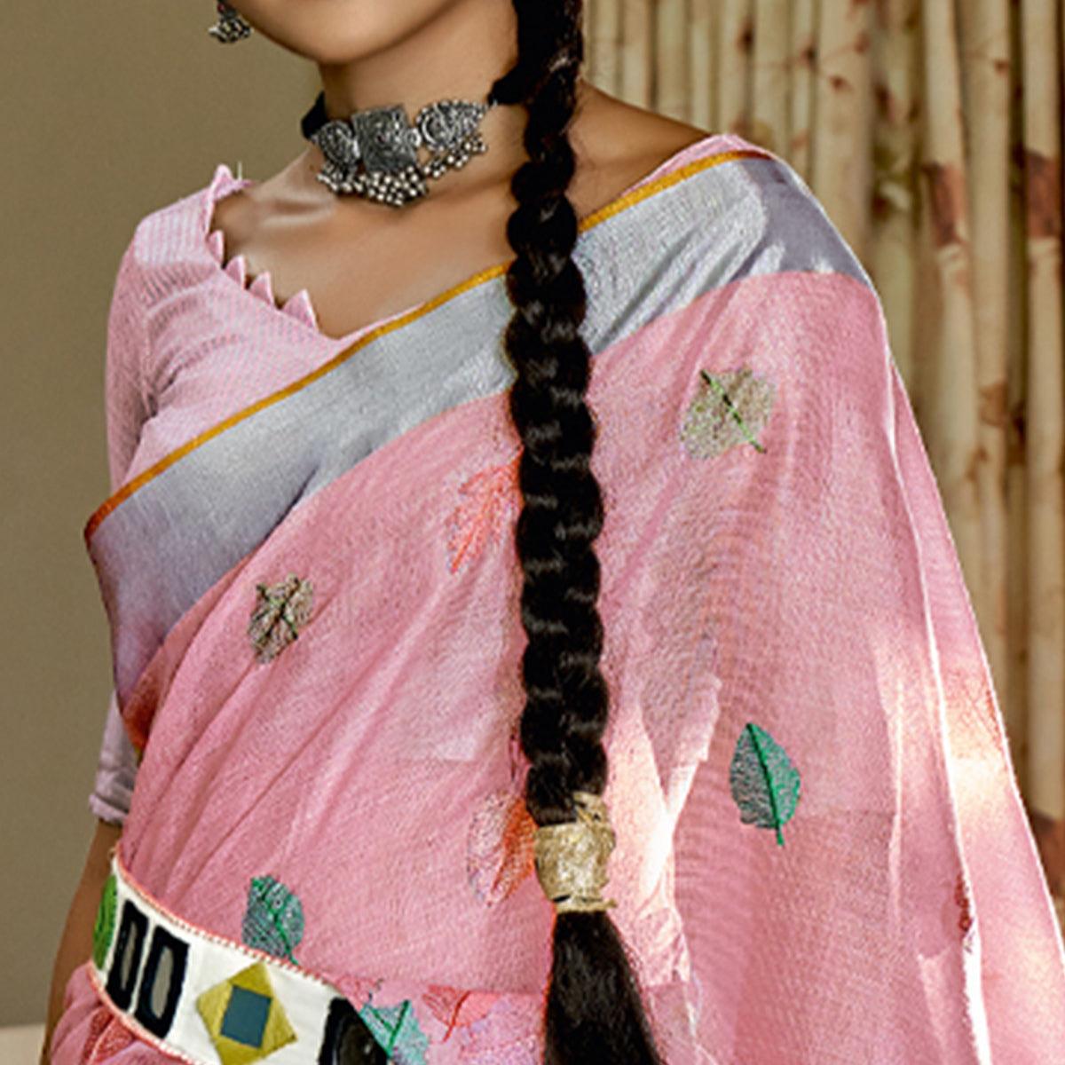 Pink Woven Linen Saree With Tassels - Peachmode