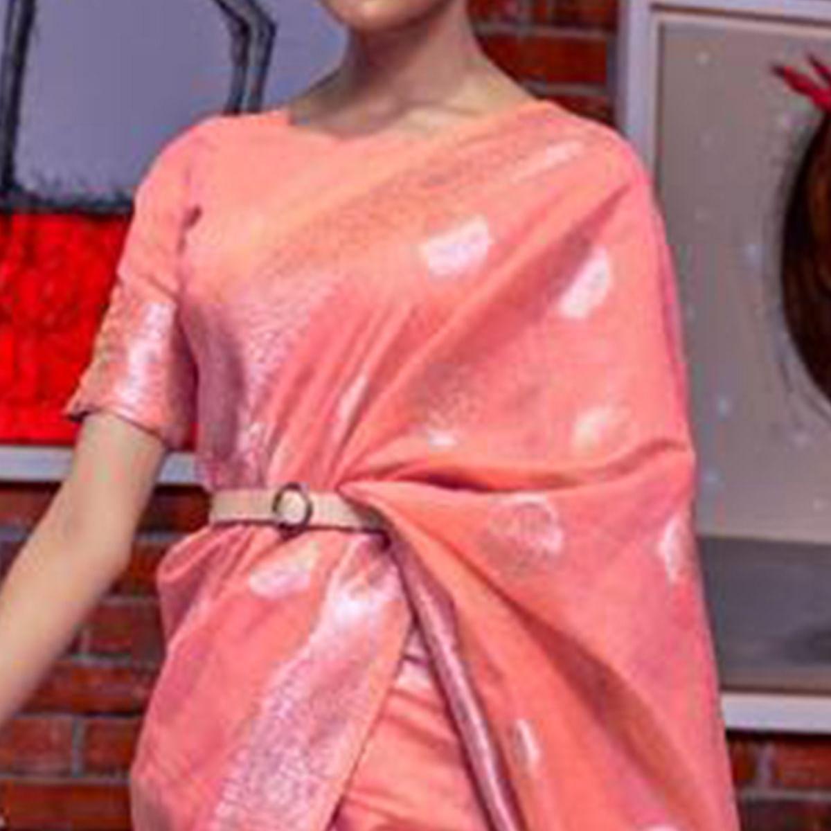 Pink Woven Linen Saree With Tassels - Peachmode