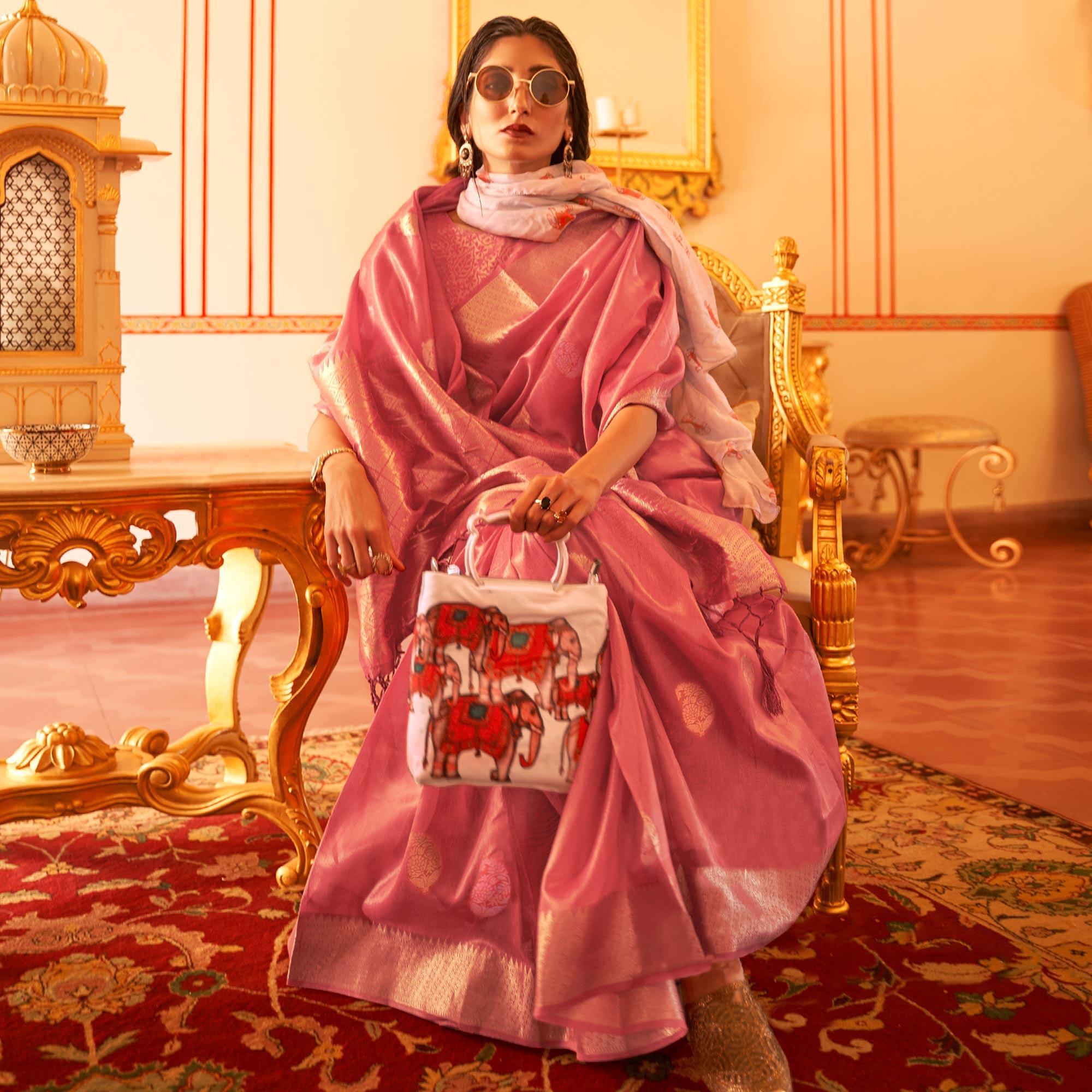 Pink Woven Linen Saree With Tassels - Peachmode
