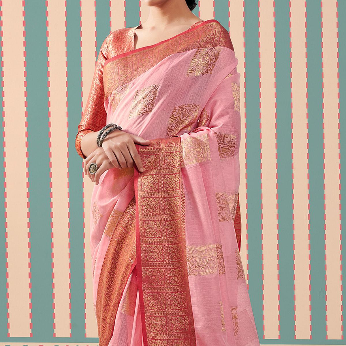 Pink Woven Linen Saree With Tassels - Peachmode