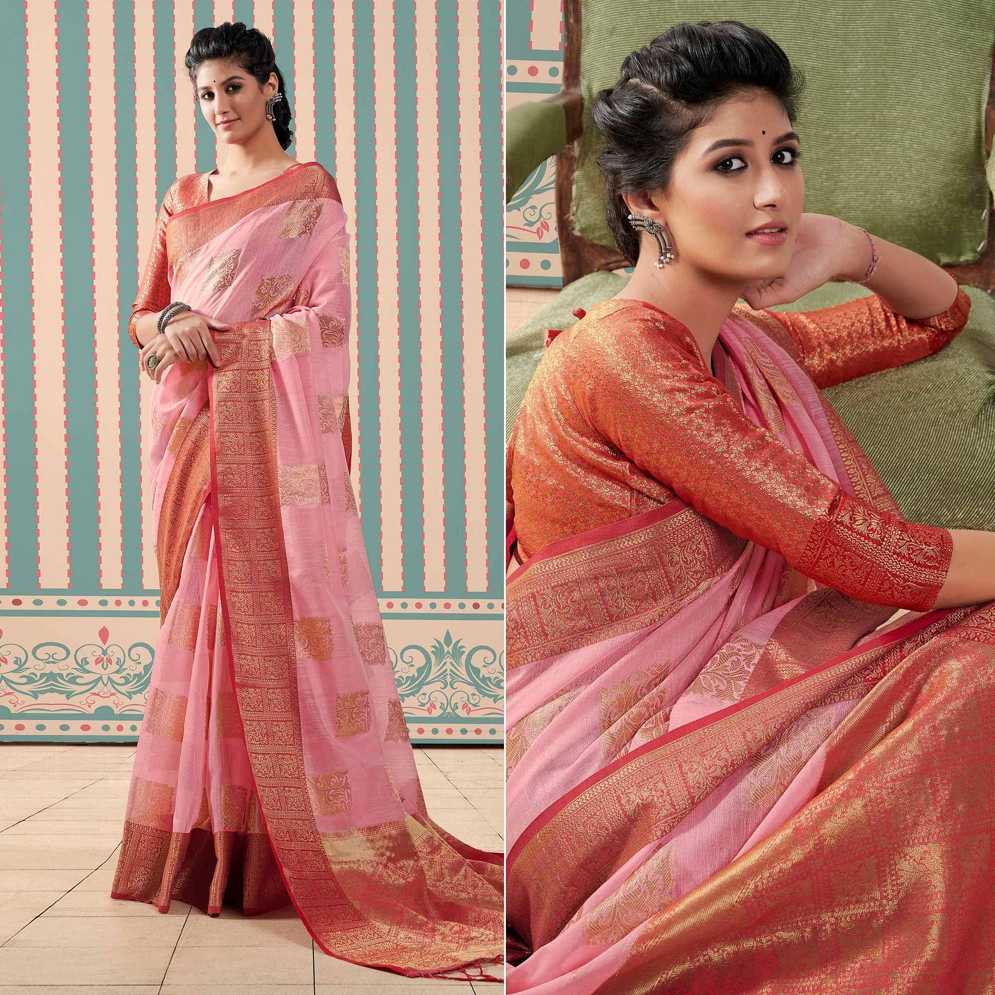 Pink Woven Linen Saree With Tassels - Peachmode