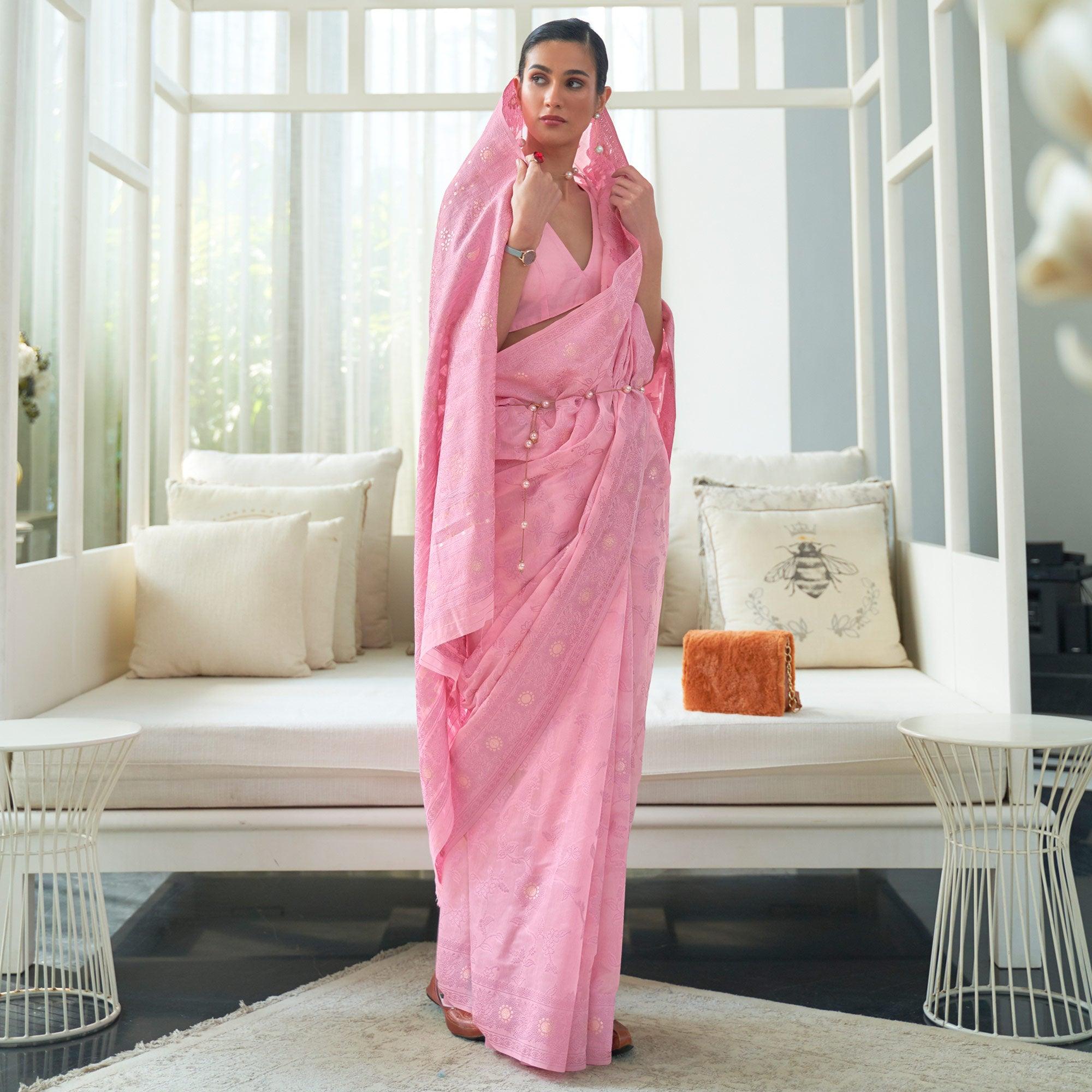 Pink Woven Lucknowi Chickankari Modal Saree - Peachmode