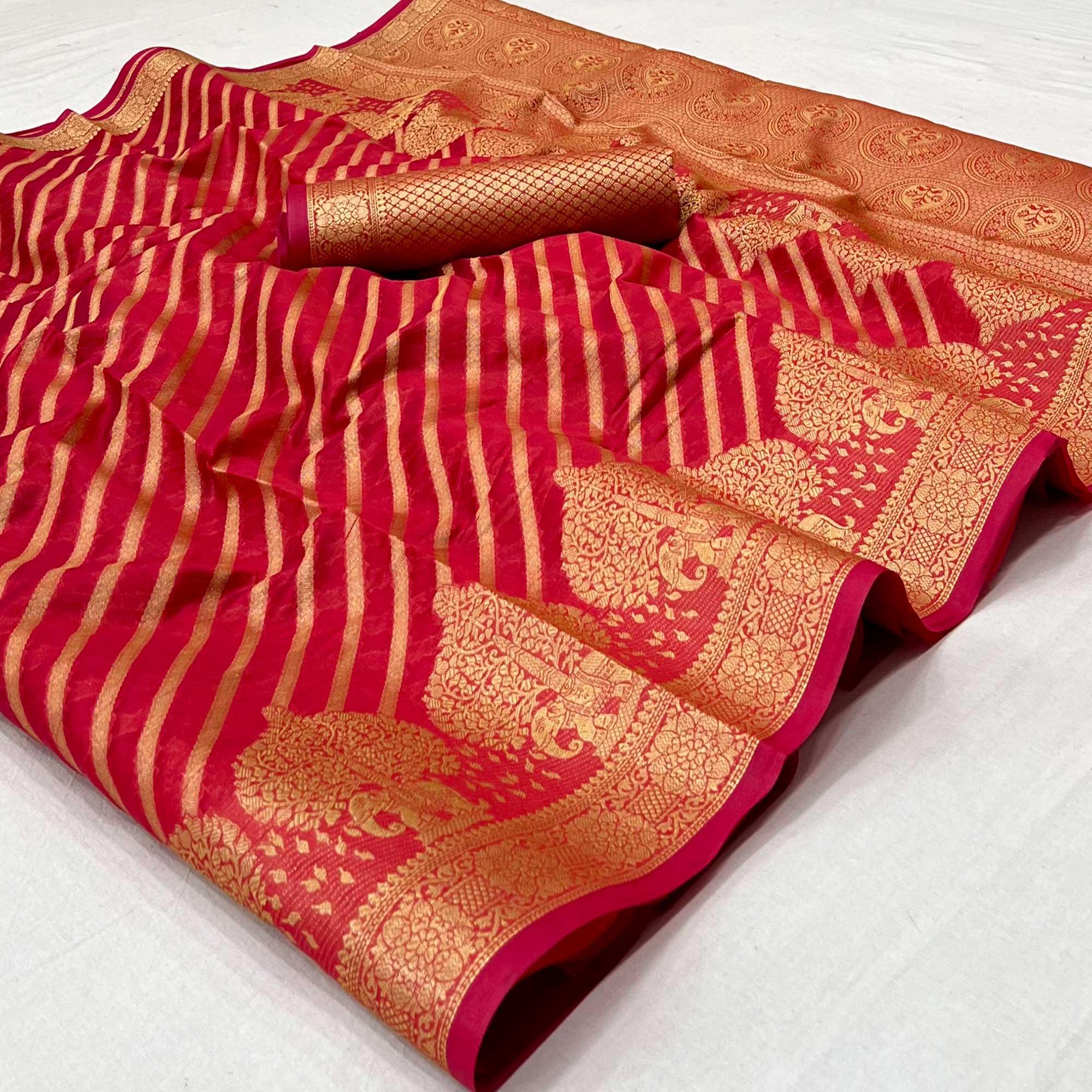 Pink Woven Organza Saree - Peachmode
