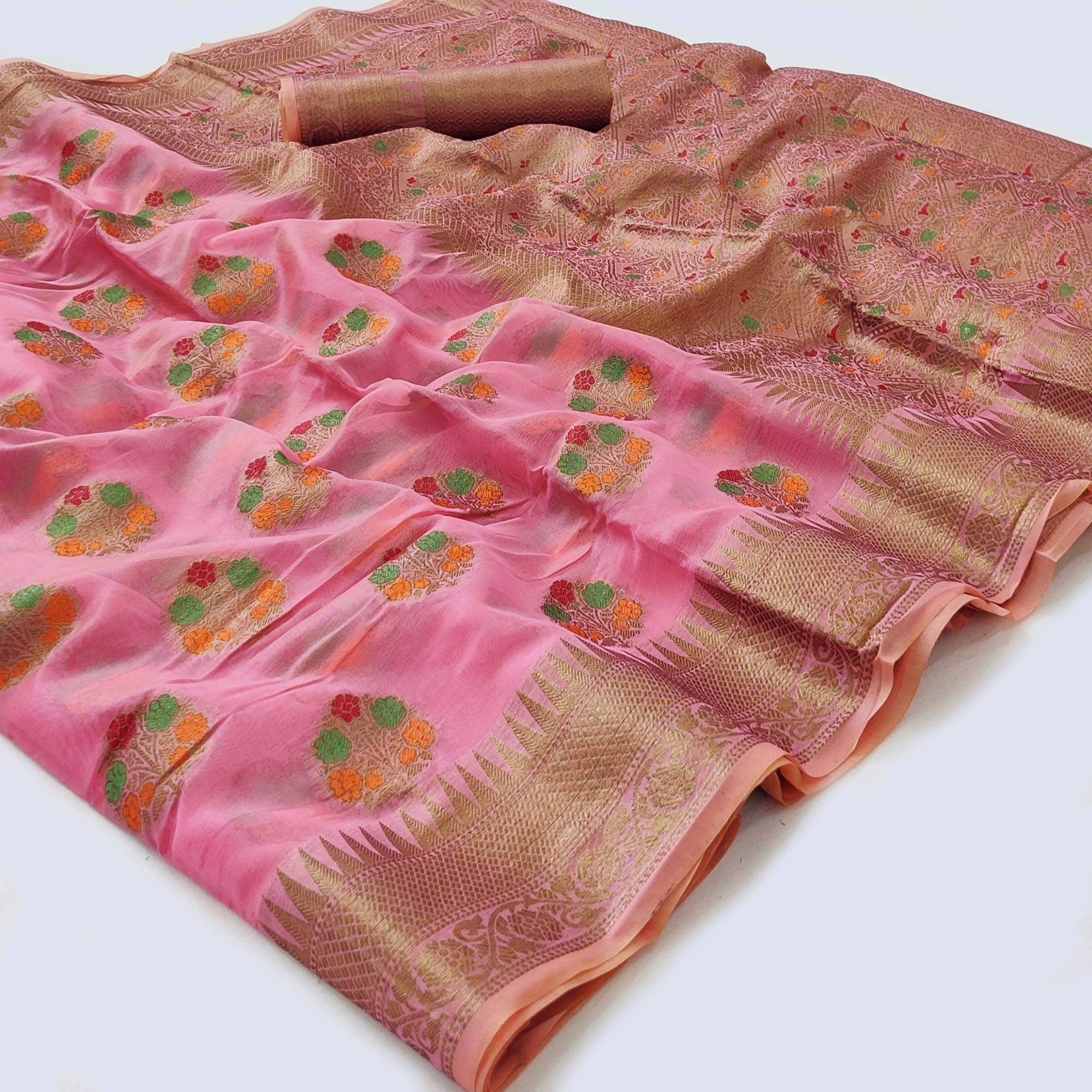Pink Woven Organza Saree - Peachmode