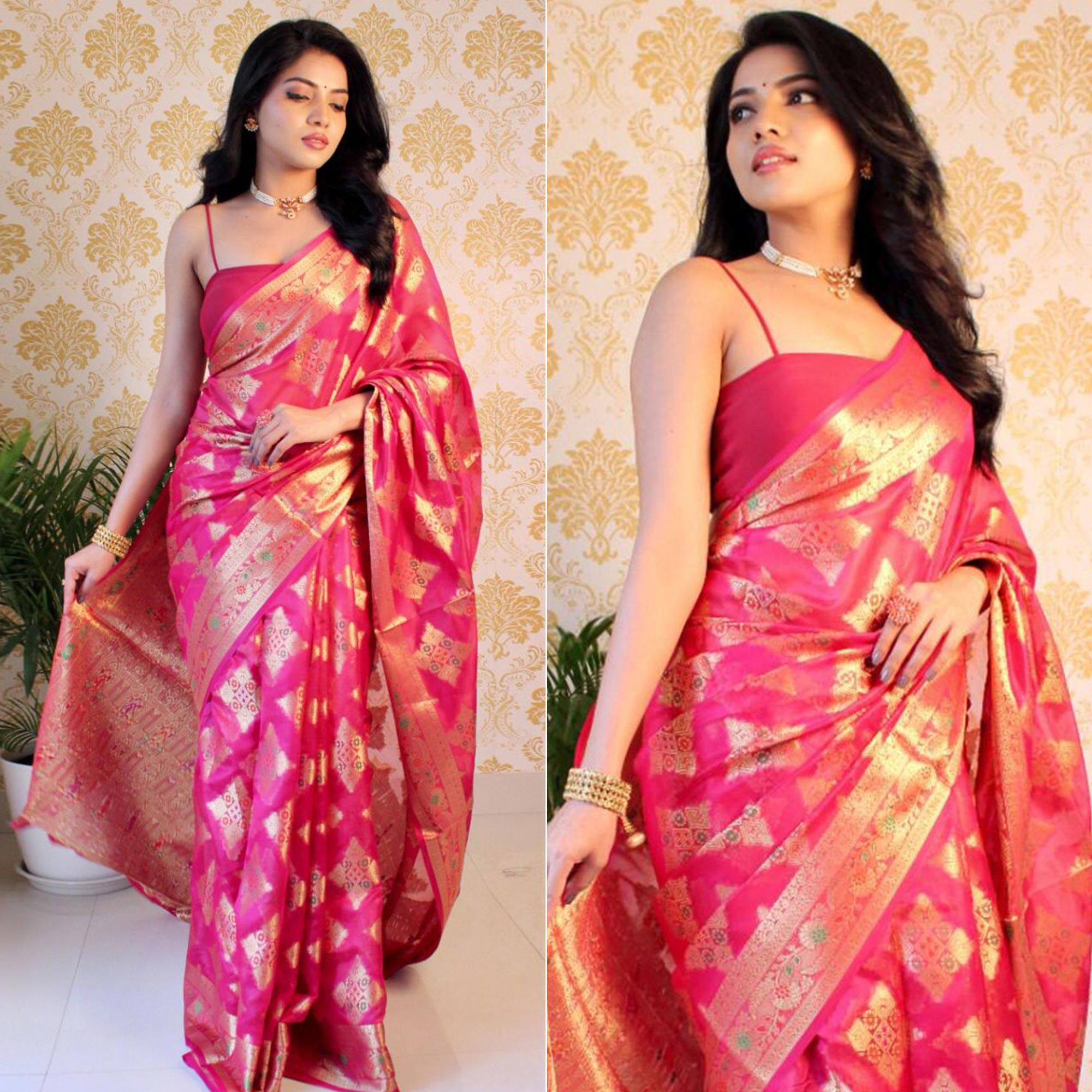 Pink Woven Organza Saree - Peachmode