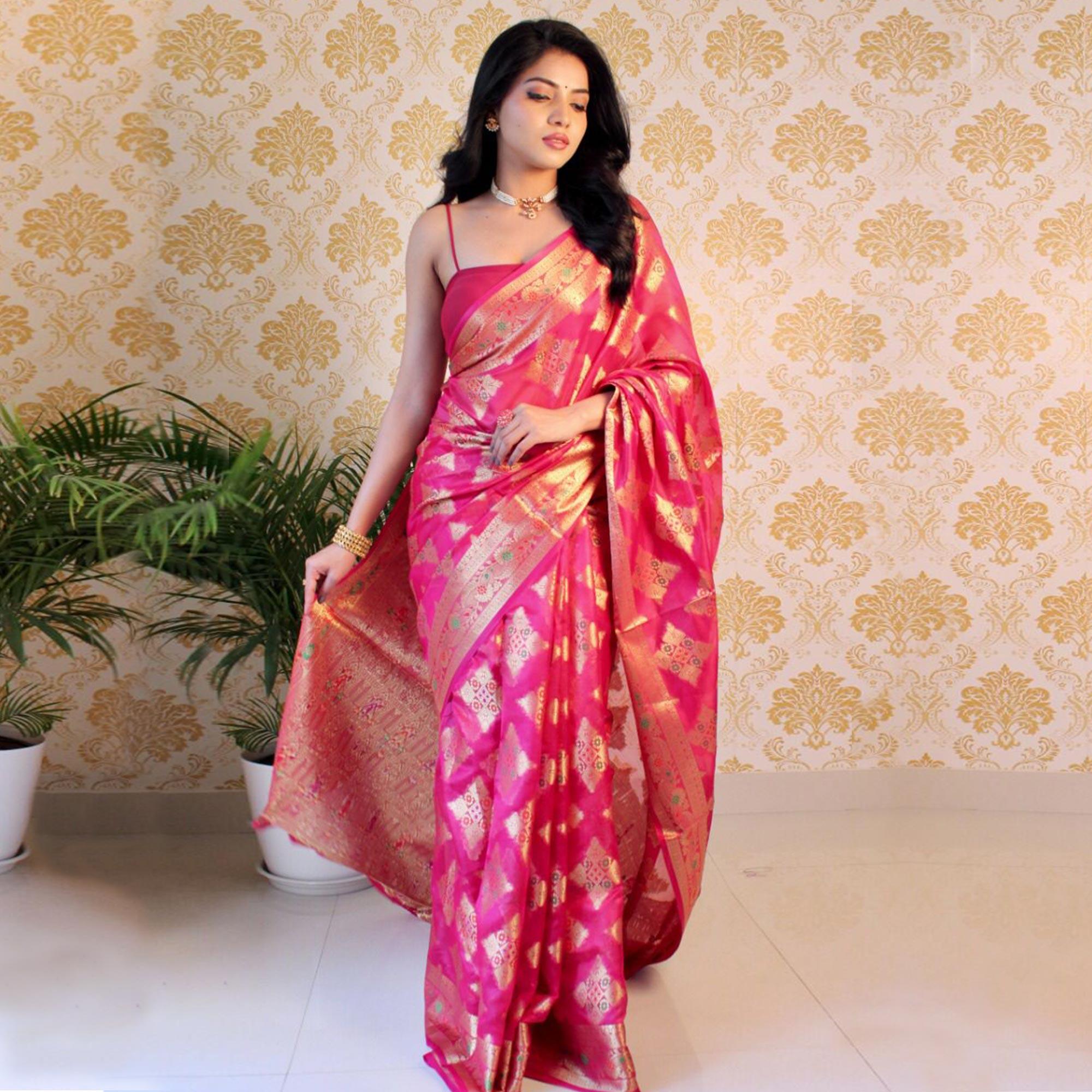 Pink Woven Organza Saree - Peachmode