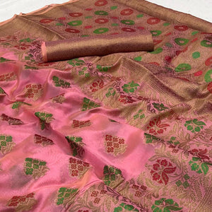 Pink Woven Organza Saree - Peachmode