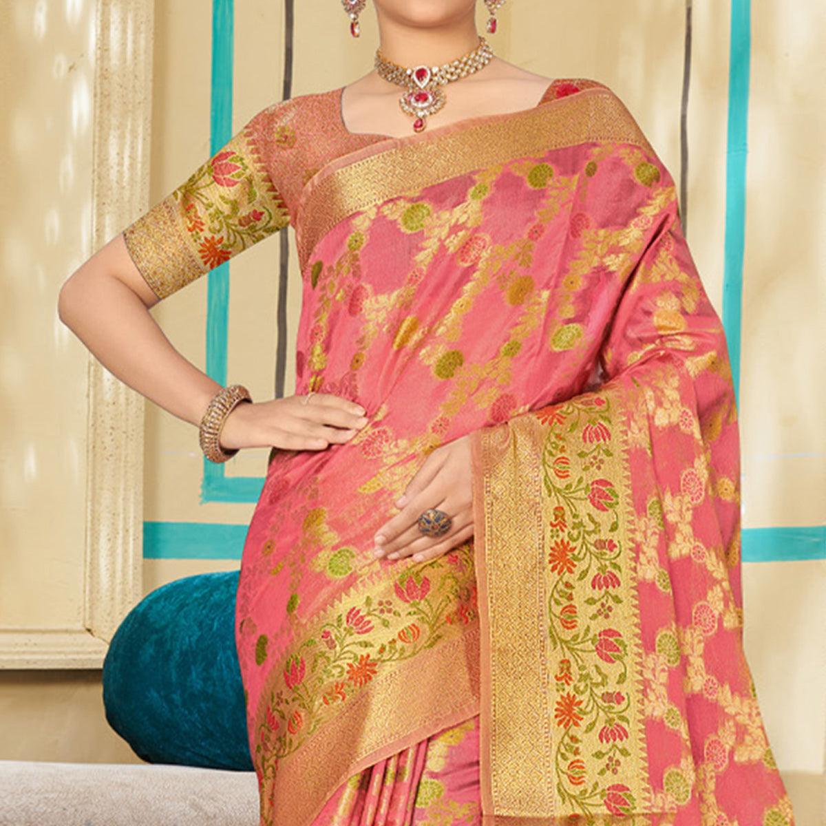 Pink Woven Organza Saree - Peachmode