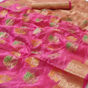 Pink Woven Organza Saree - Peachmode
