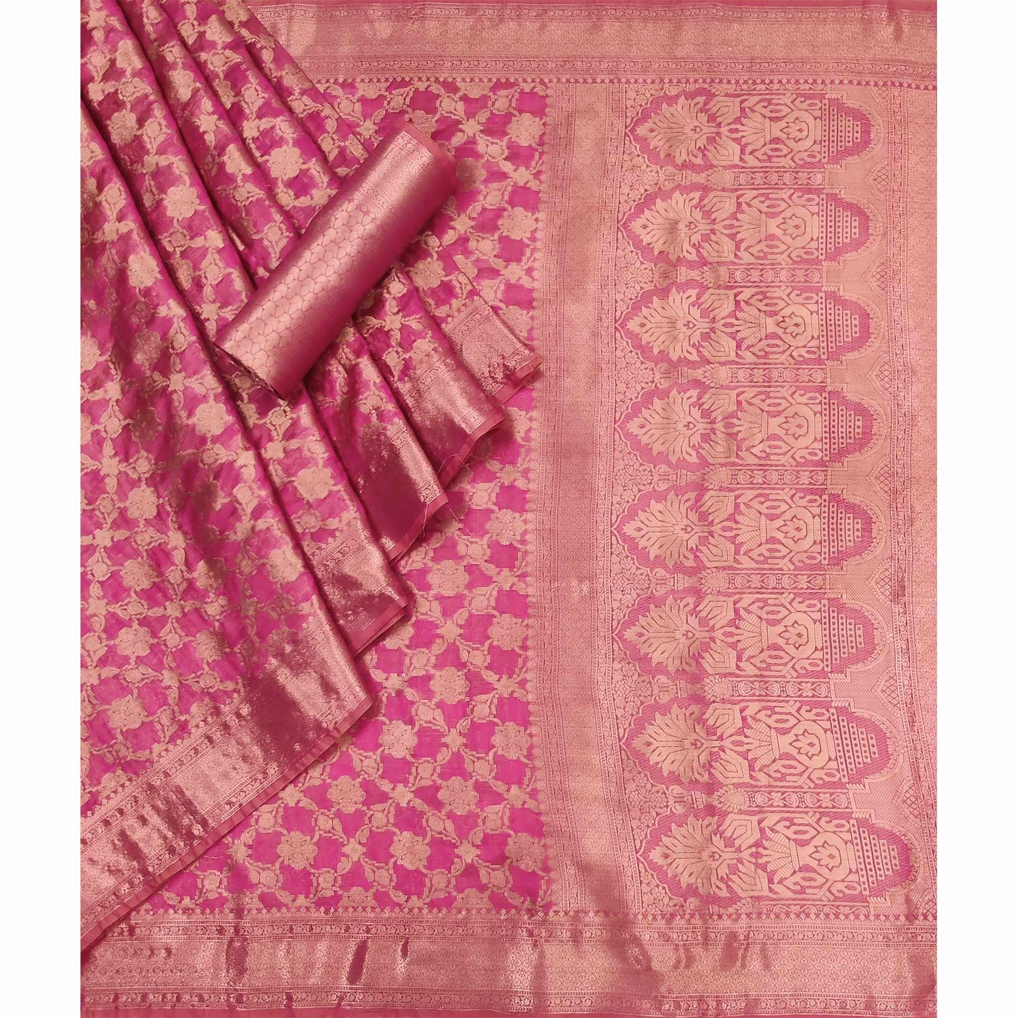 Pink Woven Organza Saree - Peachmode