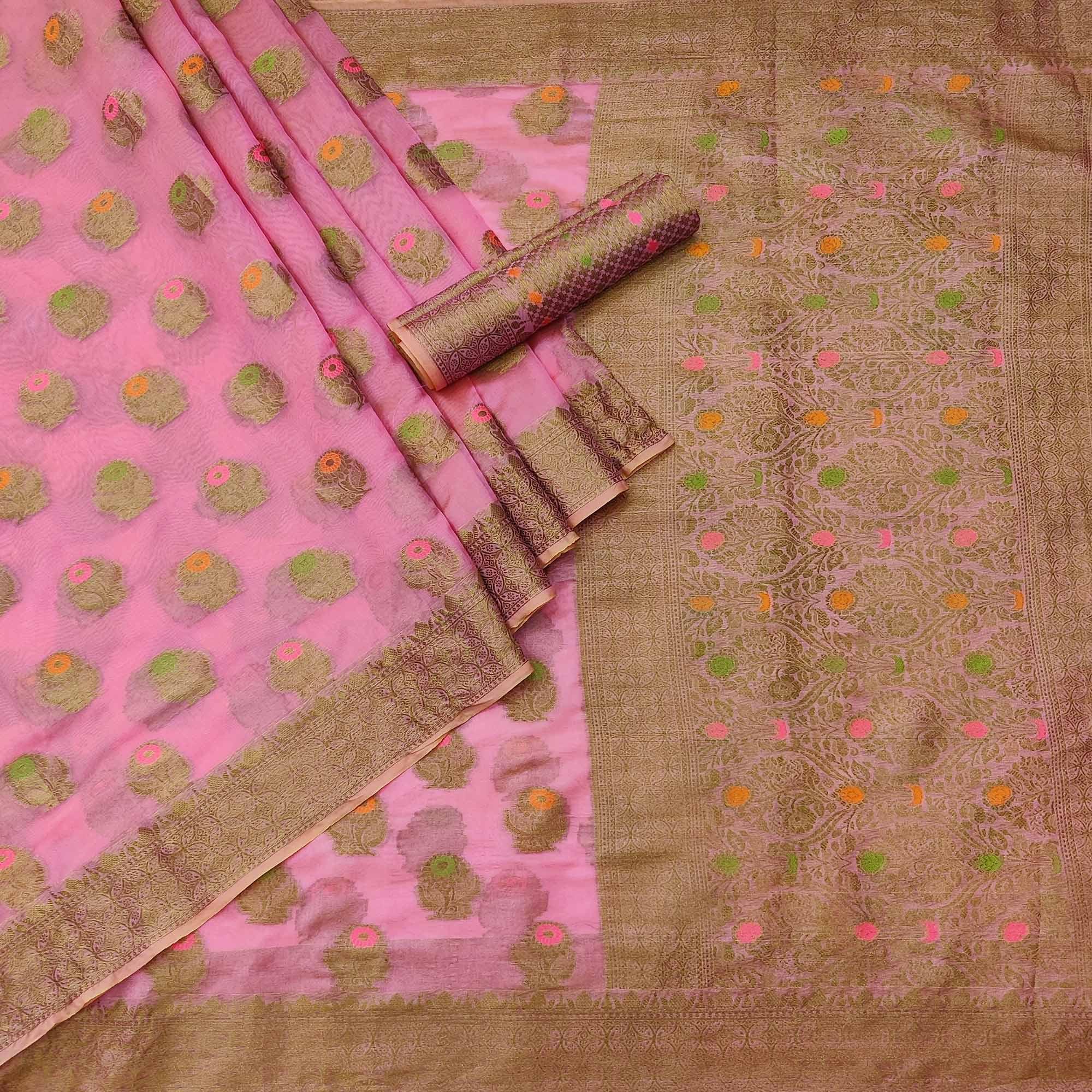 Pink Woven Organza Saree - Peachmode