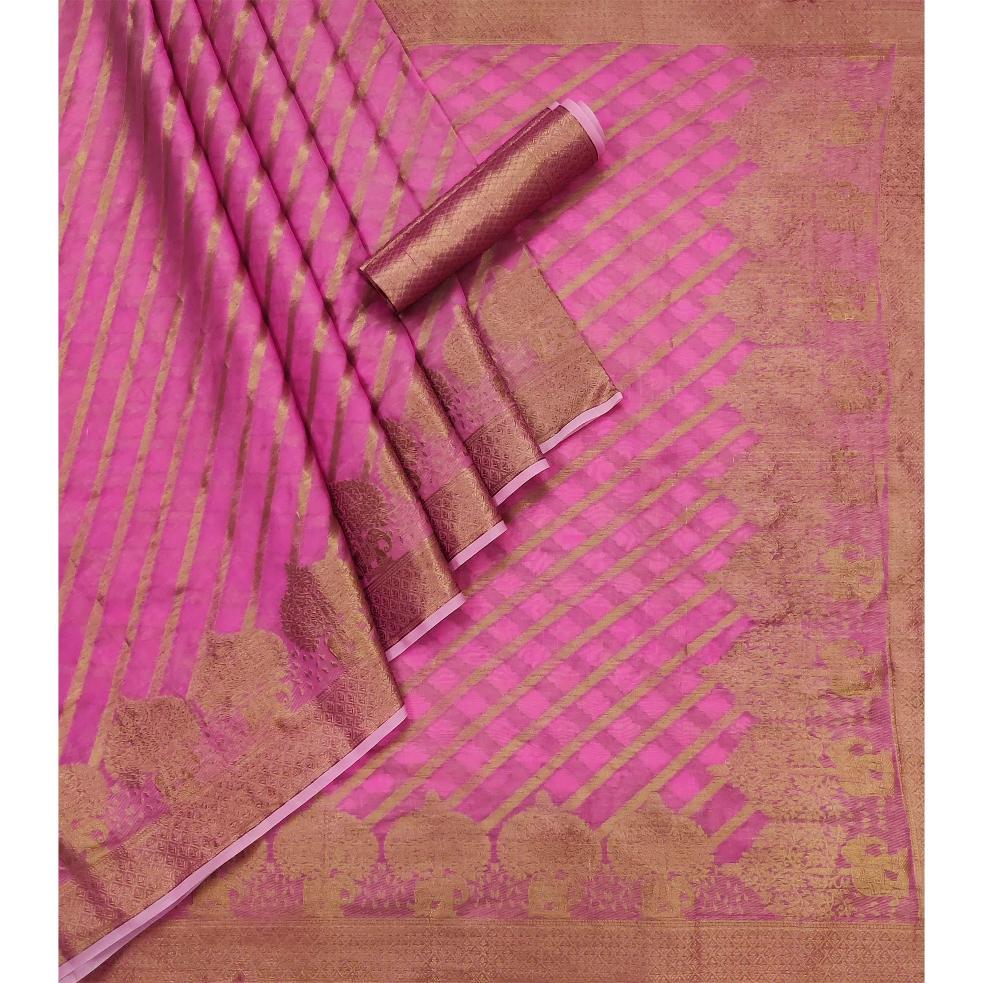 Pink Woven Organza Saree - Peachmode