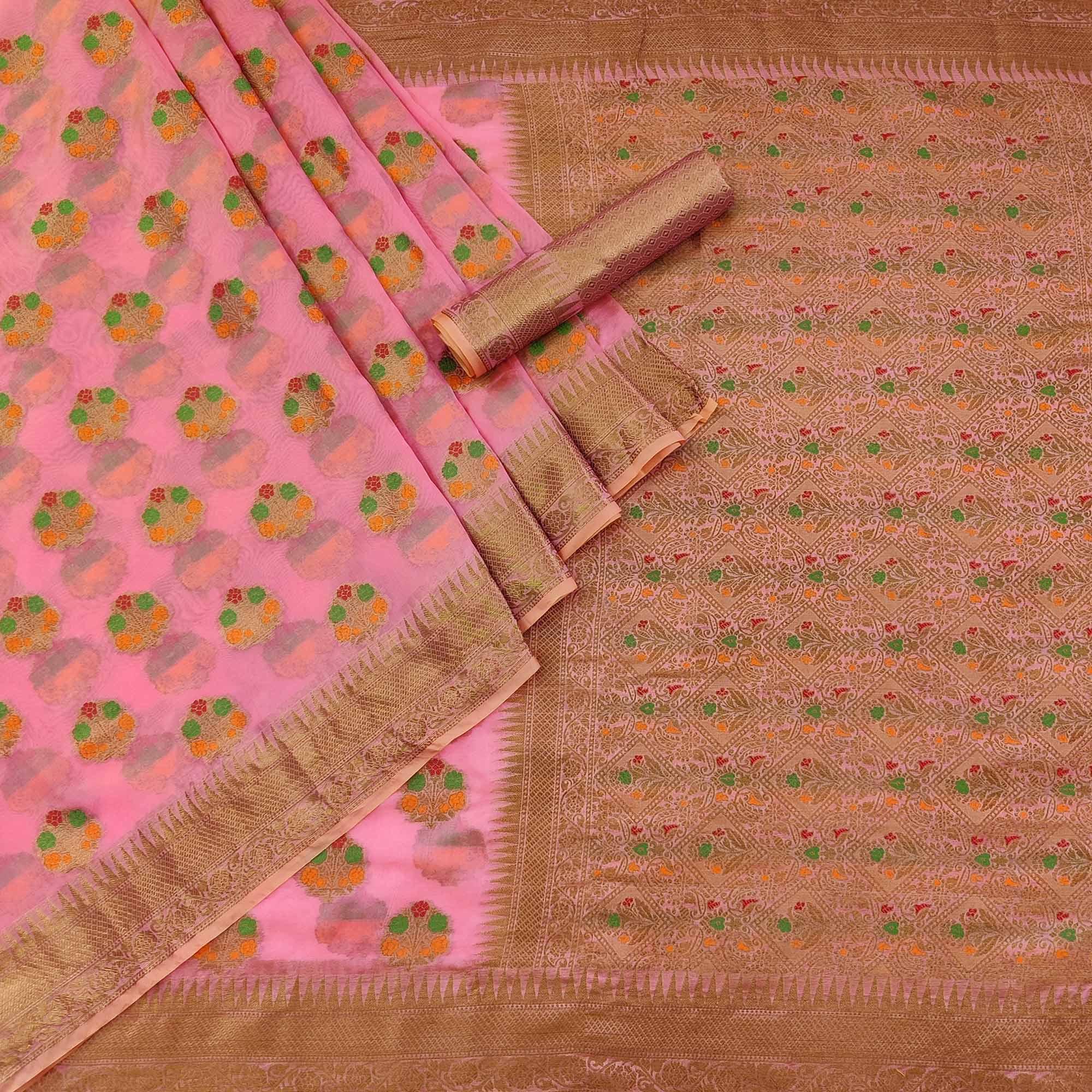 Pink Woven Organza Saree - Peachmode