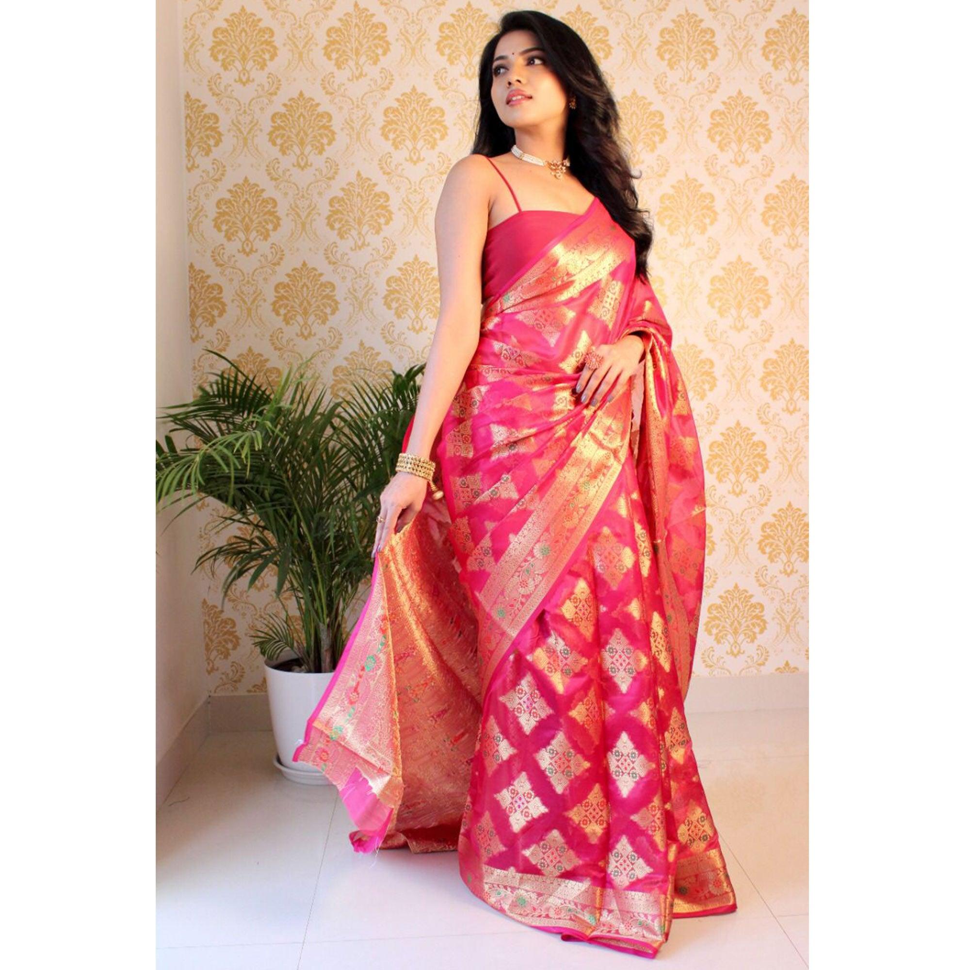 Pink Woven Organza Saree - Peachmode