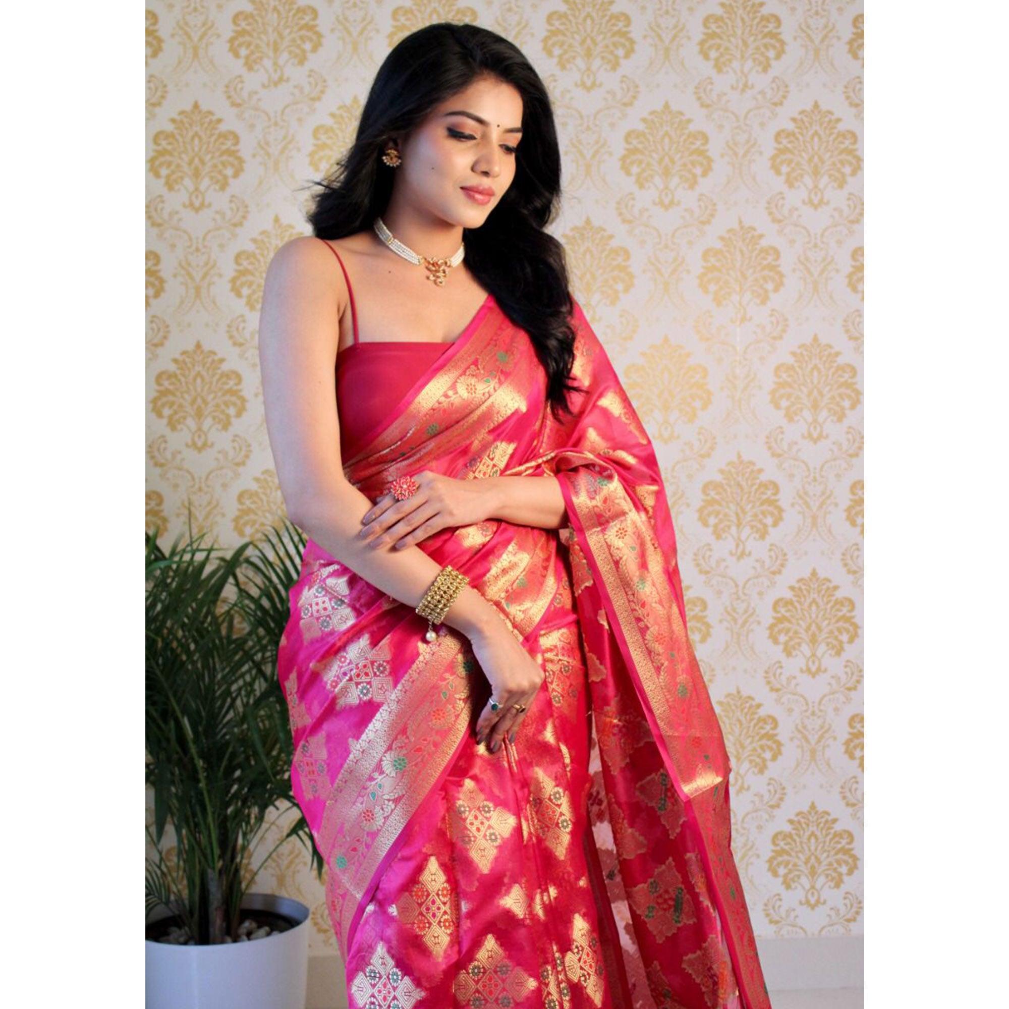 Pink Woven Organza Saree - Peachmode