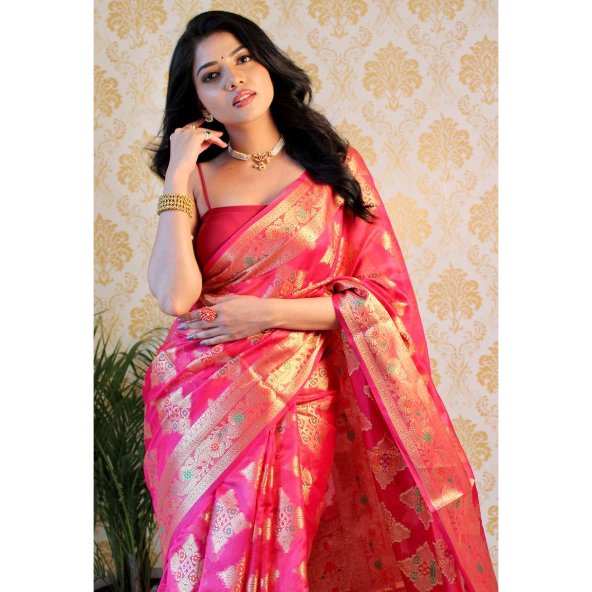 Pink Woven Organza Saree - Peachmode