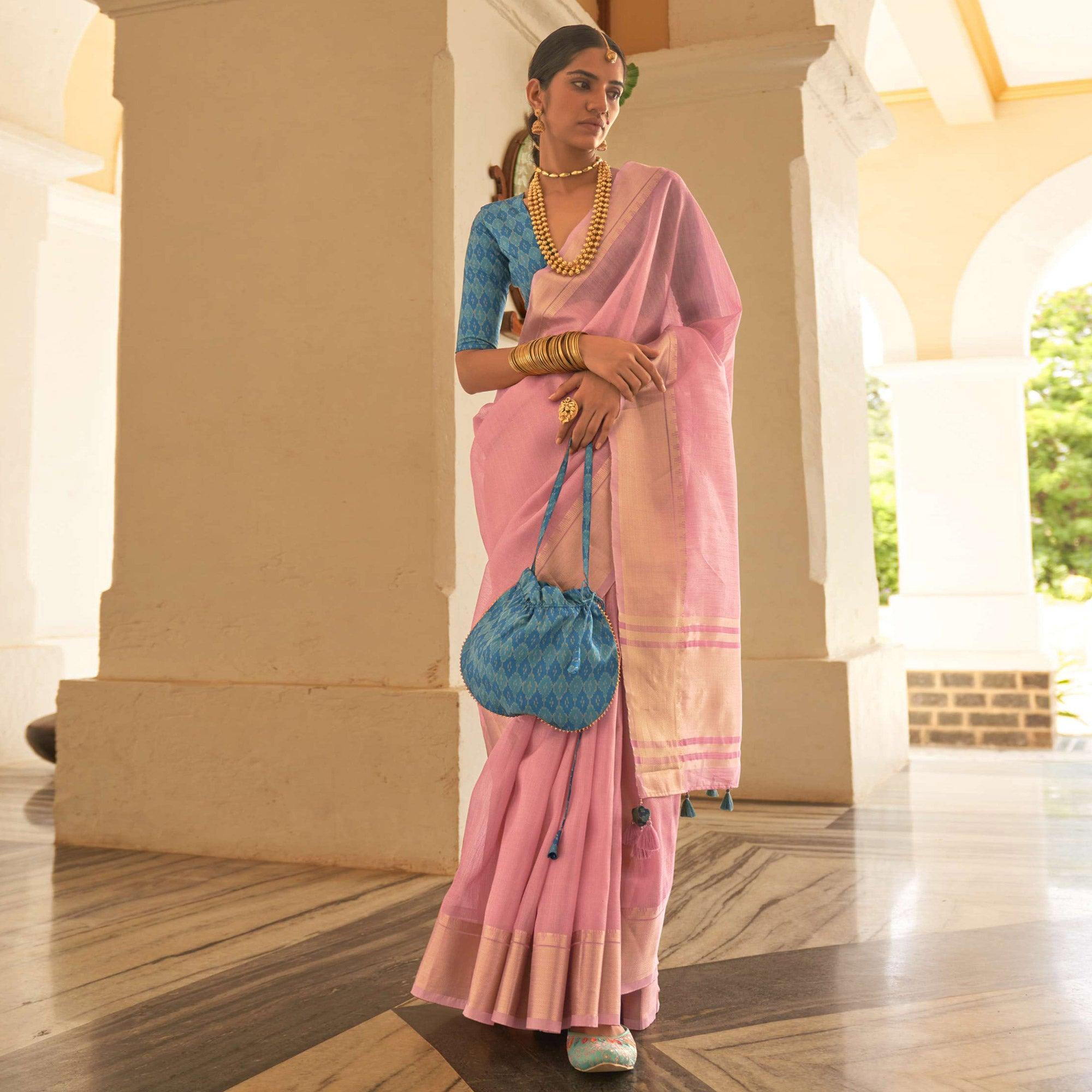 Pink Woven Organza Saree With Tassels - Peachmode