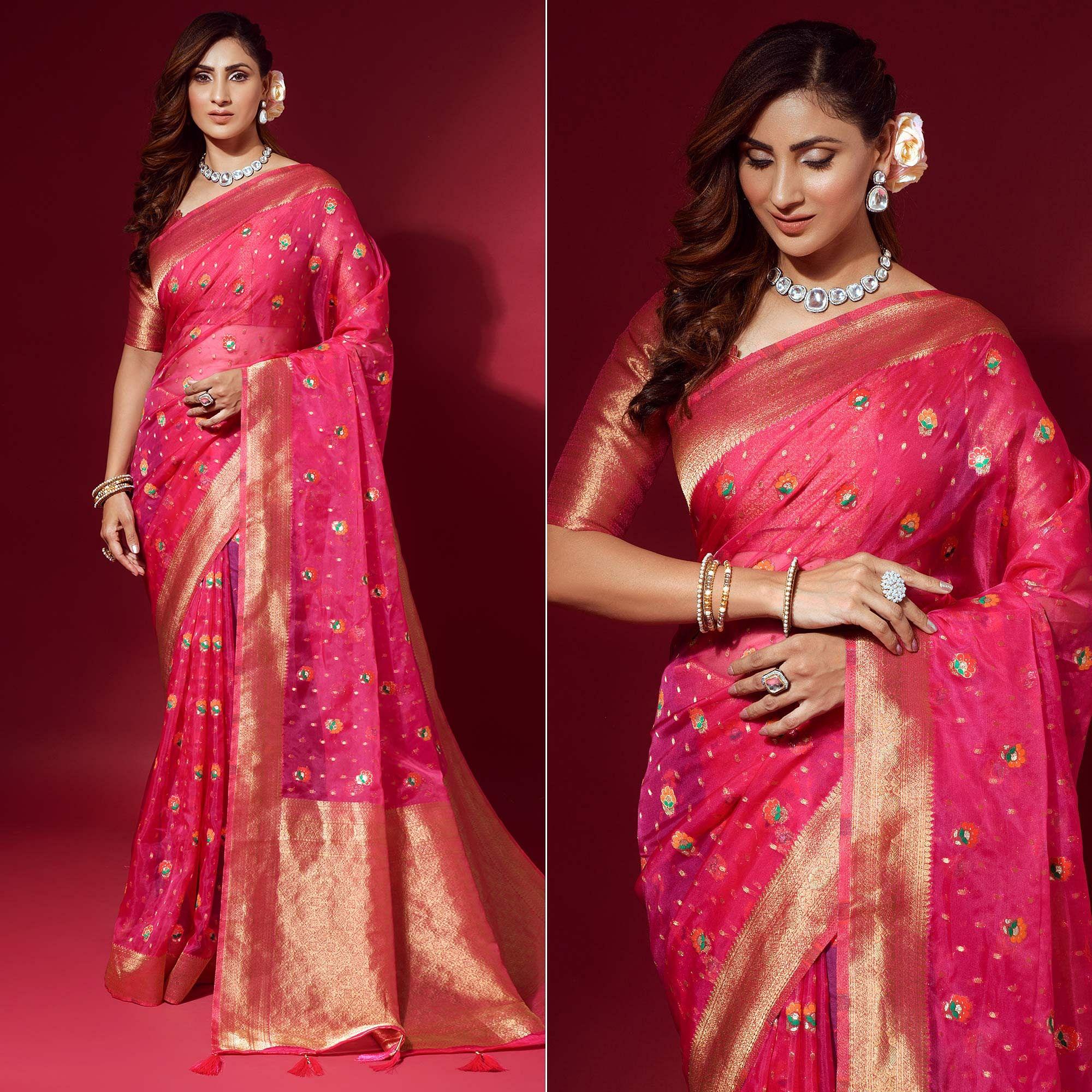 Pink Woven Organza Saree With Tassels - Peachmode