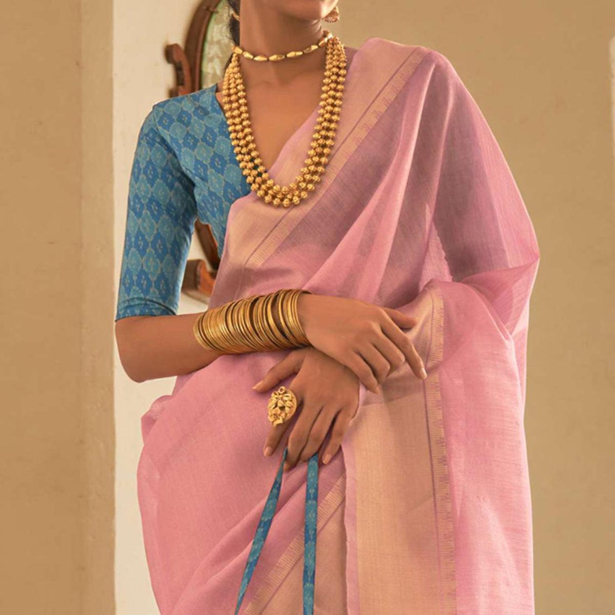 Pink Woven Organza Saree With Tassels - Peachmode