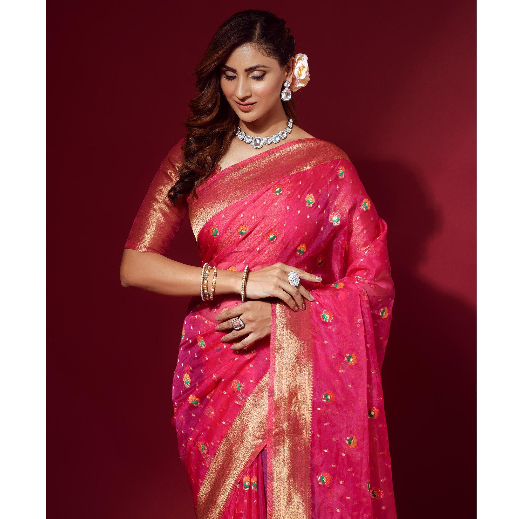 Pink Woven Organza Saree With Tassels - Peachmode