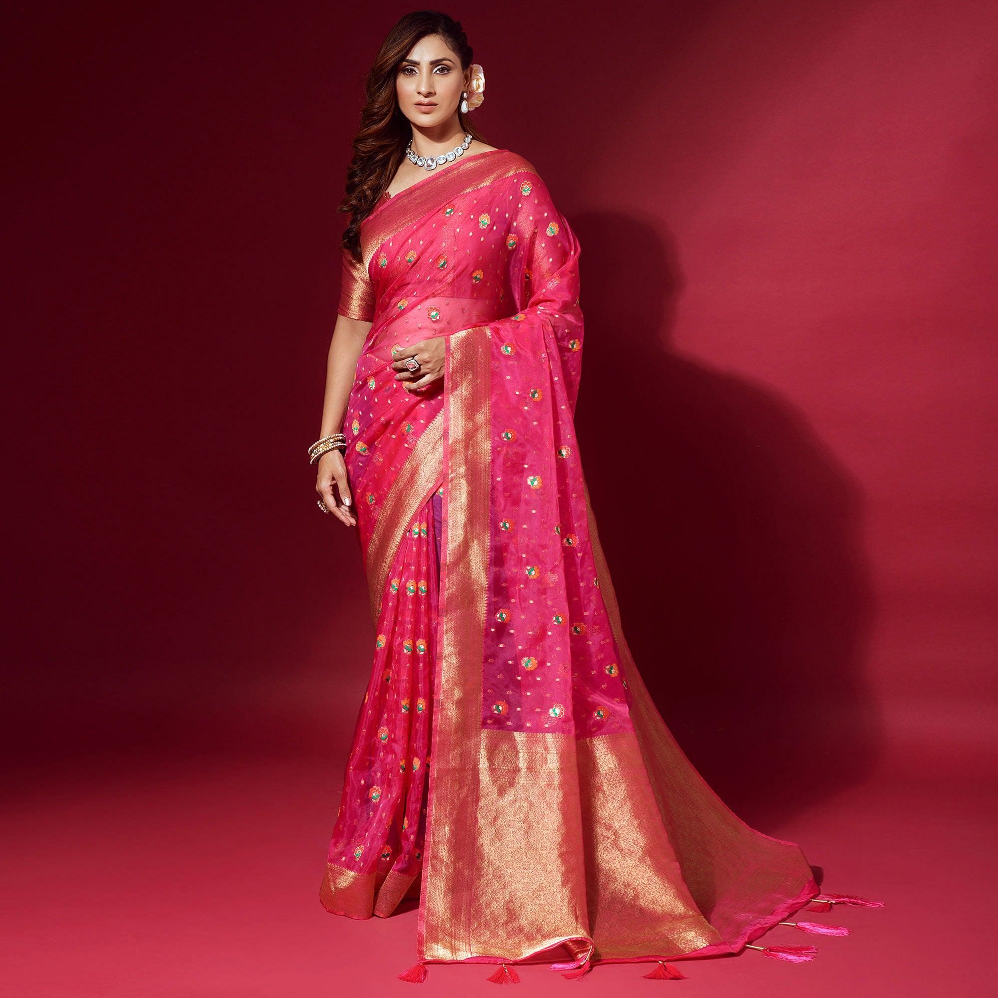Pink Woven Organza Saree With Tassels - Peachmode