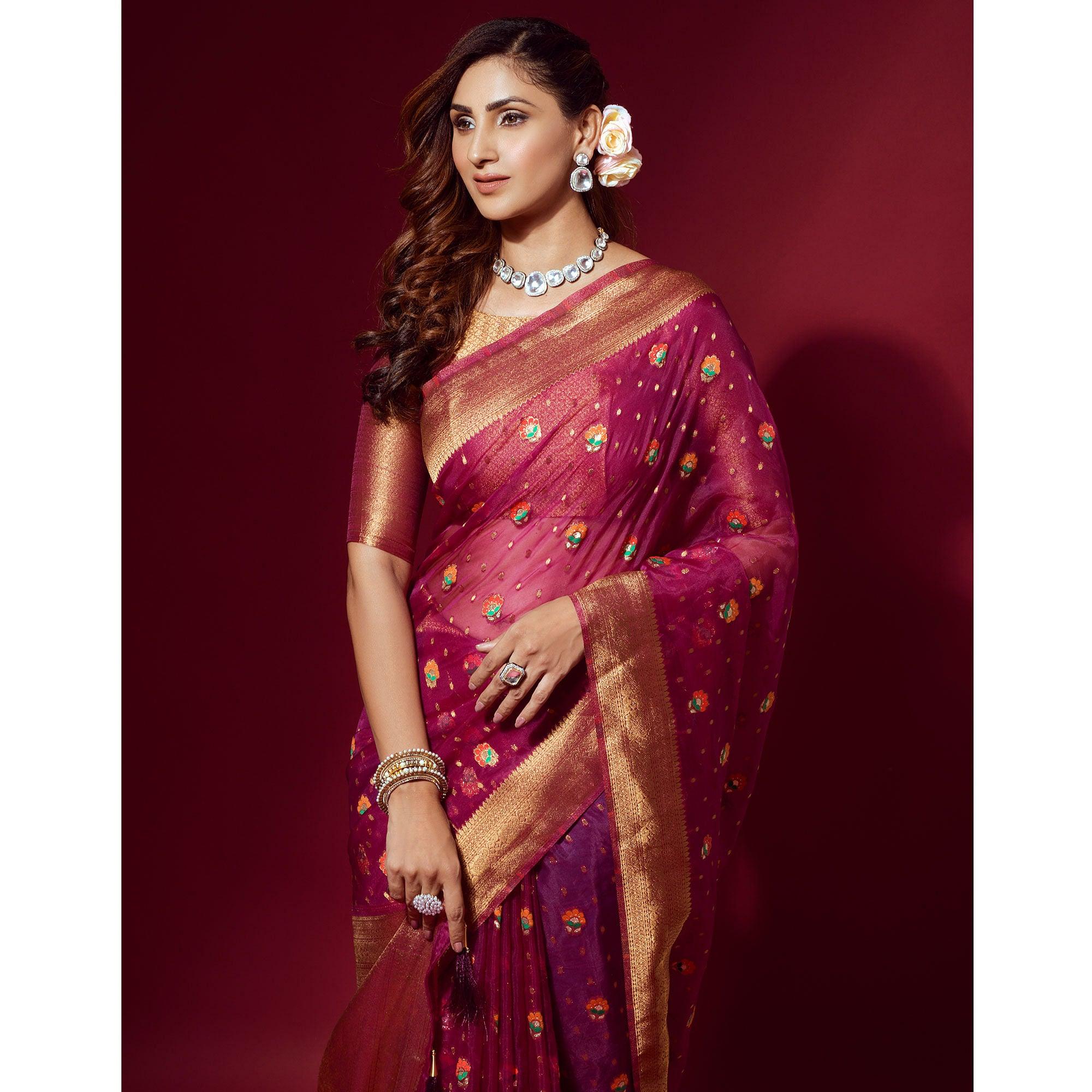 Pink Woven Organza Saree With Tassels - Peachmode