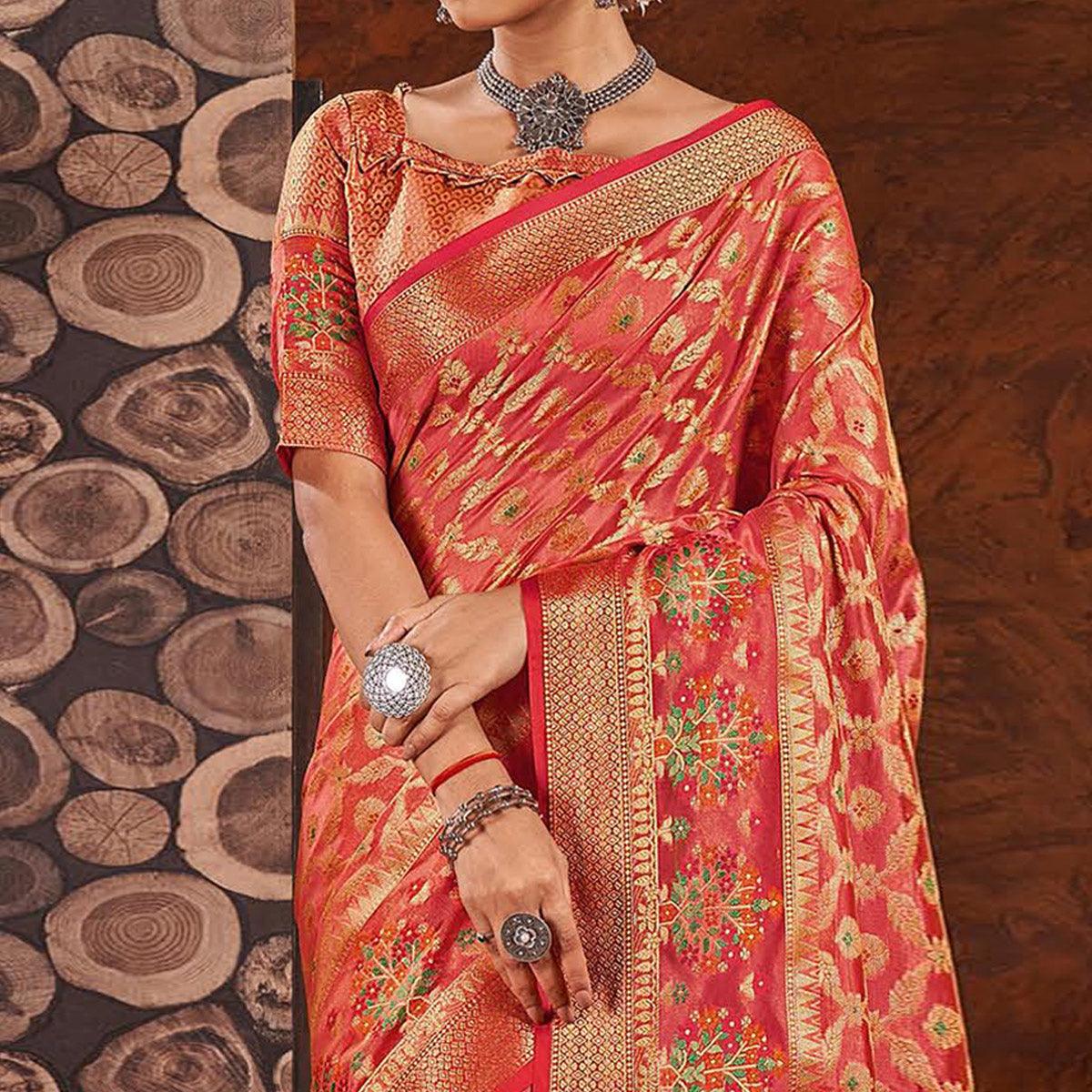 Pink Woven Organza Saree With Tassels - Peachmode