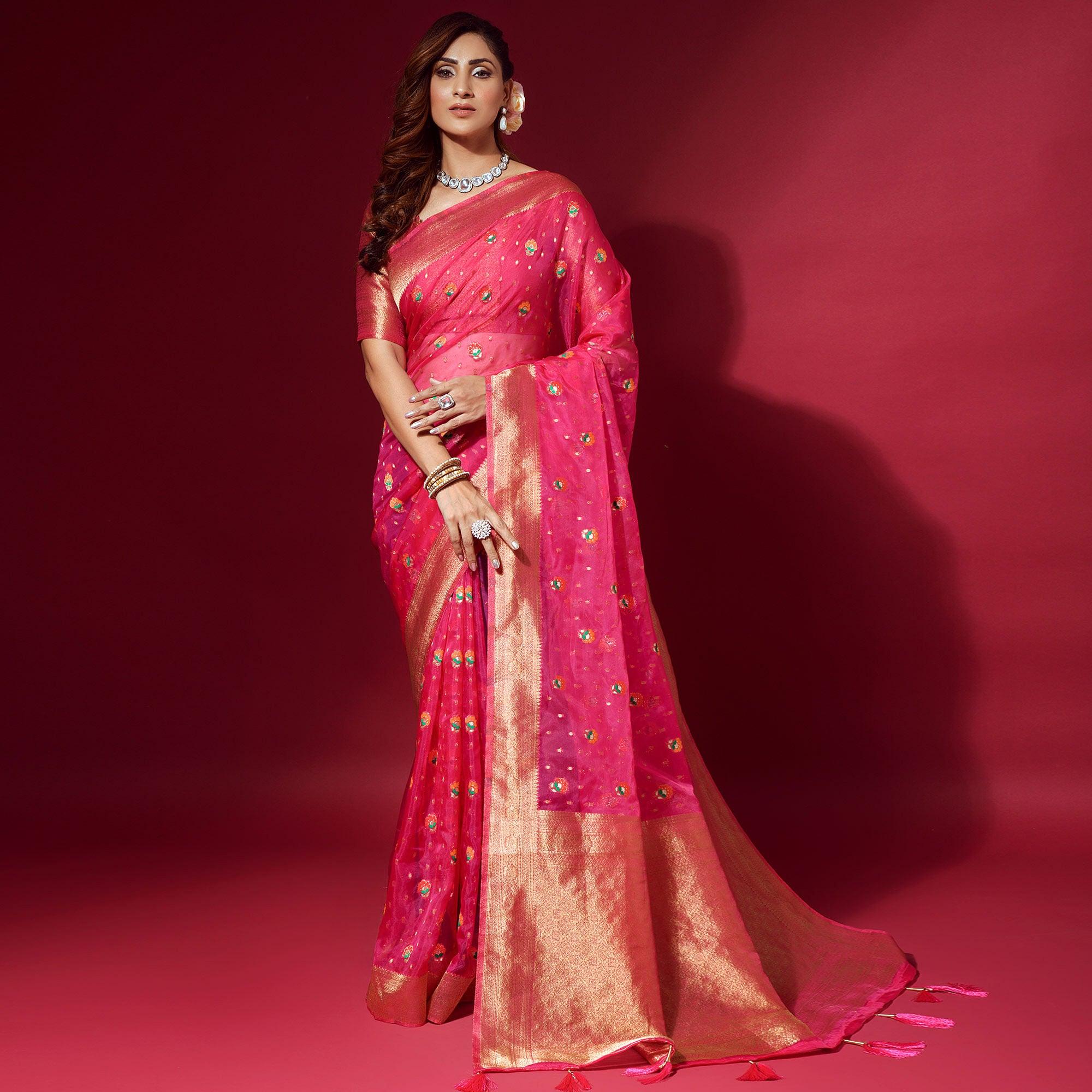 Pink Woven Organza Saree With Tassels - Peachmode