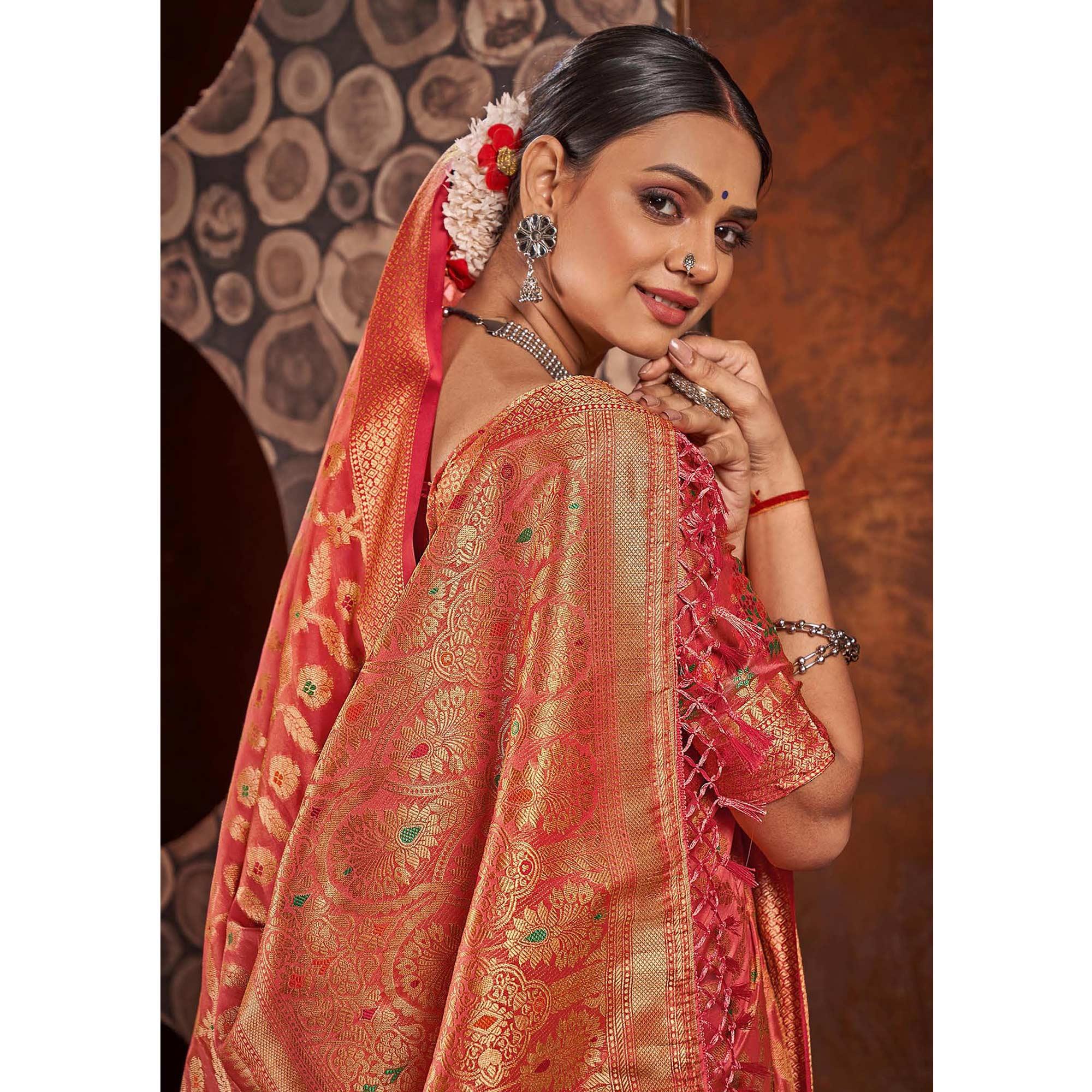 Pink Woven Organza Saree With Tassels - Peachmode