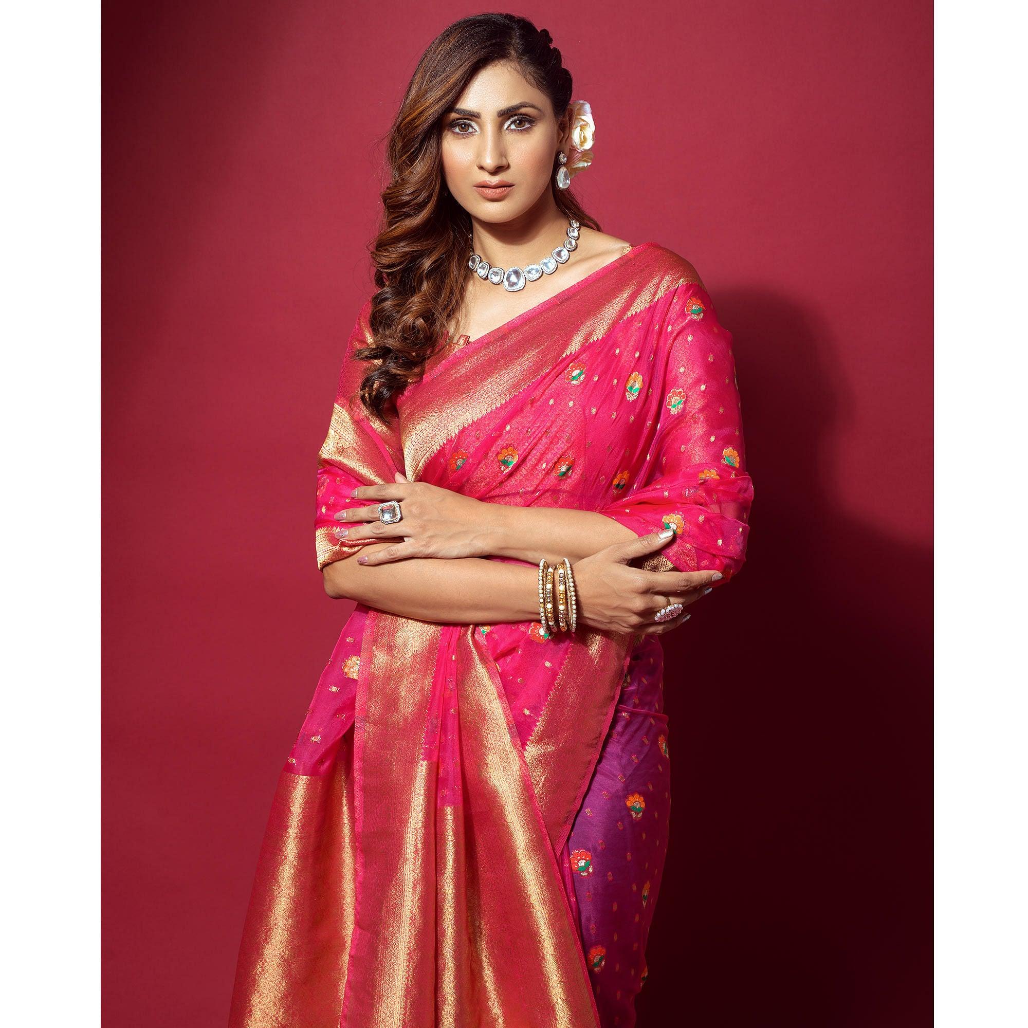 Pink Woven Organza Saree With Tassels - Peachmode